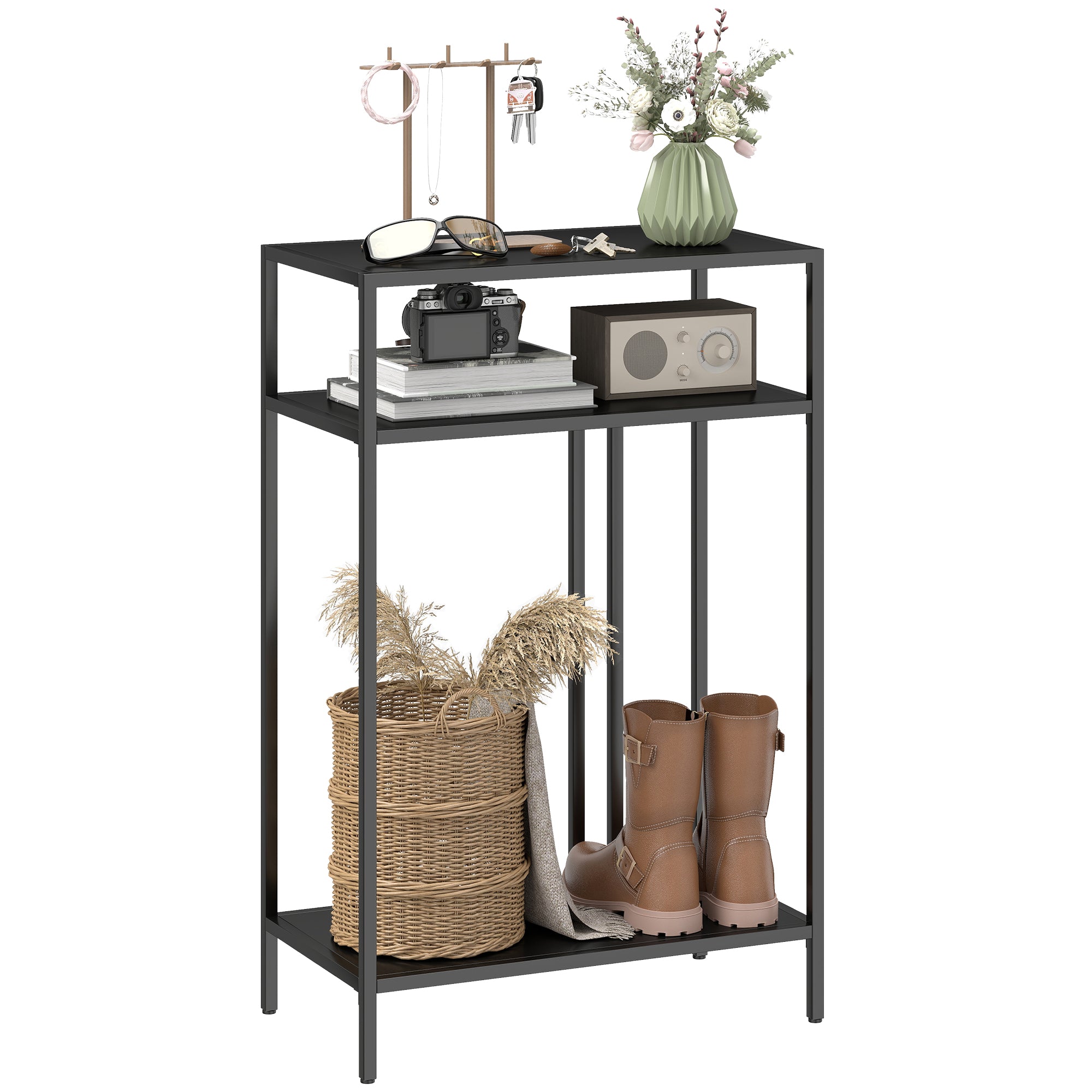 HOMCOM schmaler Konsolentisch mit 3 Ebenen, Industrial Metall für Wohnzimmer & Flur, 55 x 30 x 85 cm, Schwarz