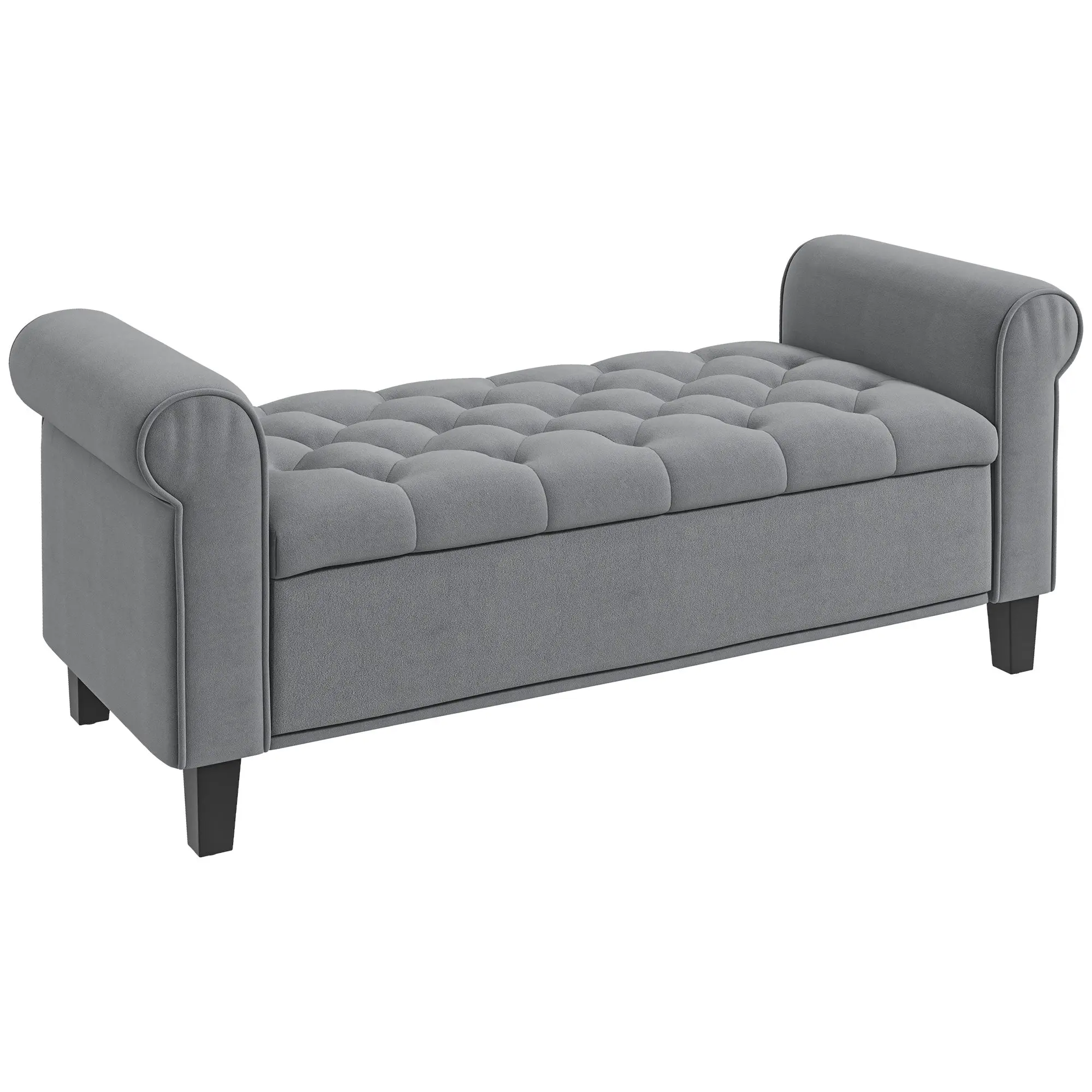 Storage Bench, Upholstered Bedroom Bench with Hidden Storage, Velvet-Look End of Bed Bench with Button Tufting, Rolled Arms & Padded Seat, Grey, 126 x 48.5 x 57 cm