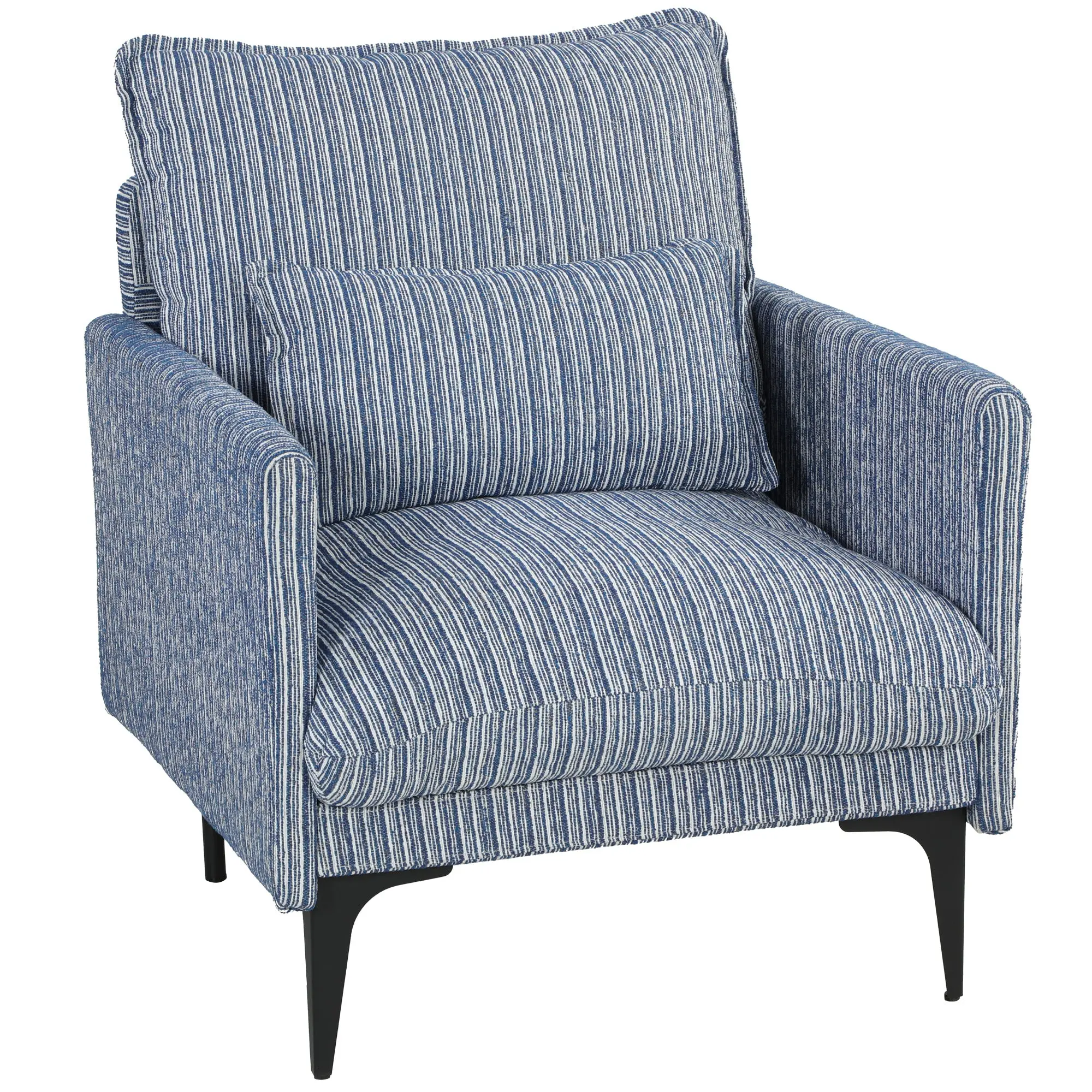 Blue Linen-Effect Accent Chair, Thick Padding with Pocket Springs, Wide Deep Seat, Bedroom/ Living Room Armchair with Cushion and Metal Legs