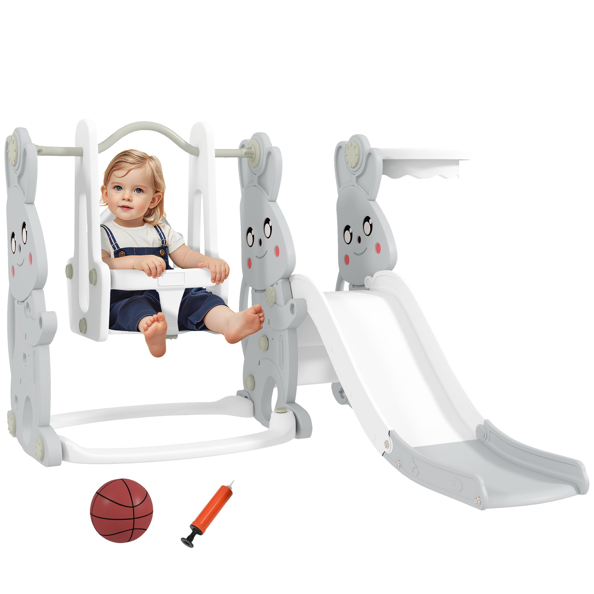 Slide 4-in-1 Toddler Slide with Swing, Climbing Frame, Basketball Hoop, Children's Playground with Bunny Design Toddler Slide for Indoor and Outdoor Children aged 1.5-4 years Gray