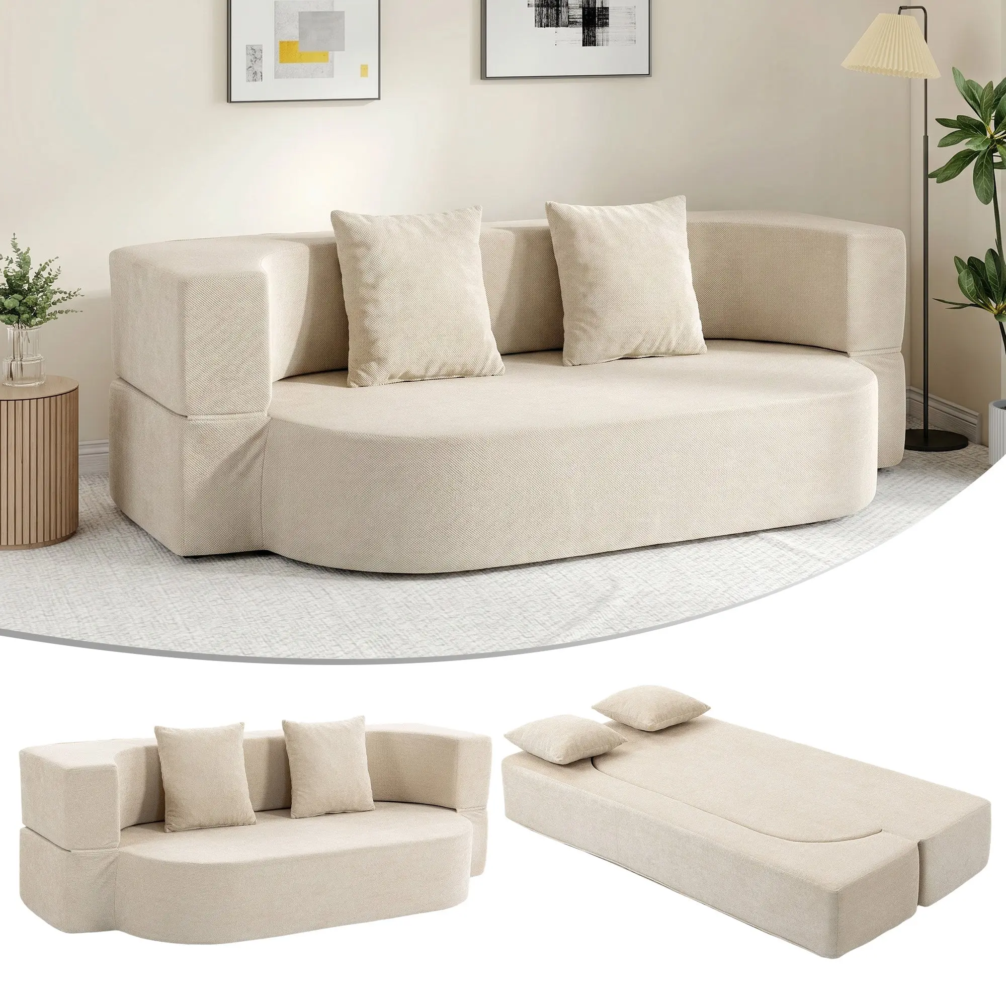 2-Seater Convertible Sofa Bed, 75 in (190 cm) Chenille — Fold-Down Back, Wide Seat & Arms, 2 Pillows, Compressed Packaging, No Assembly, Beige