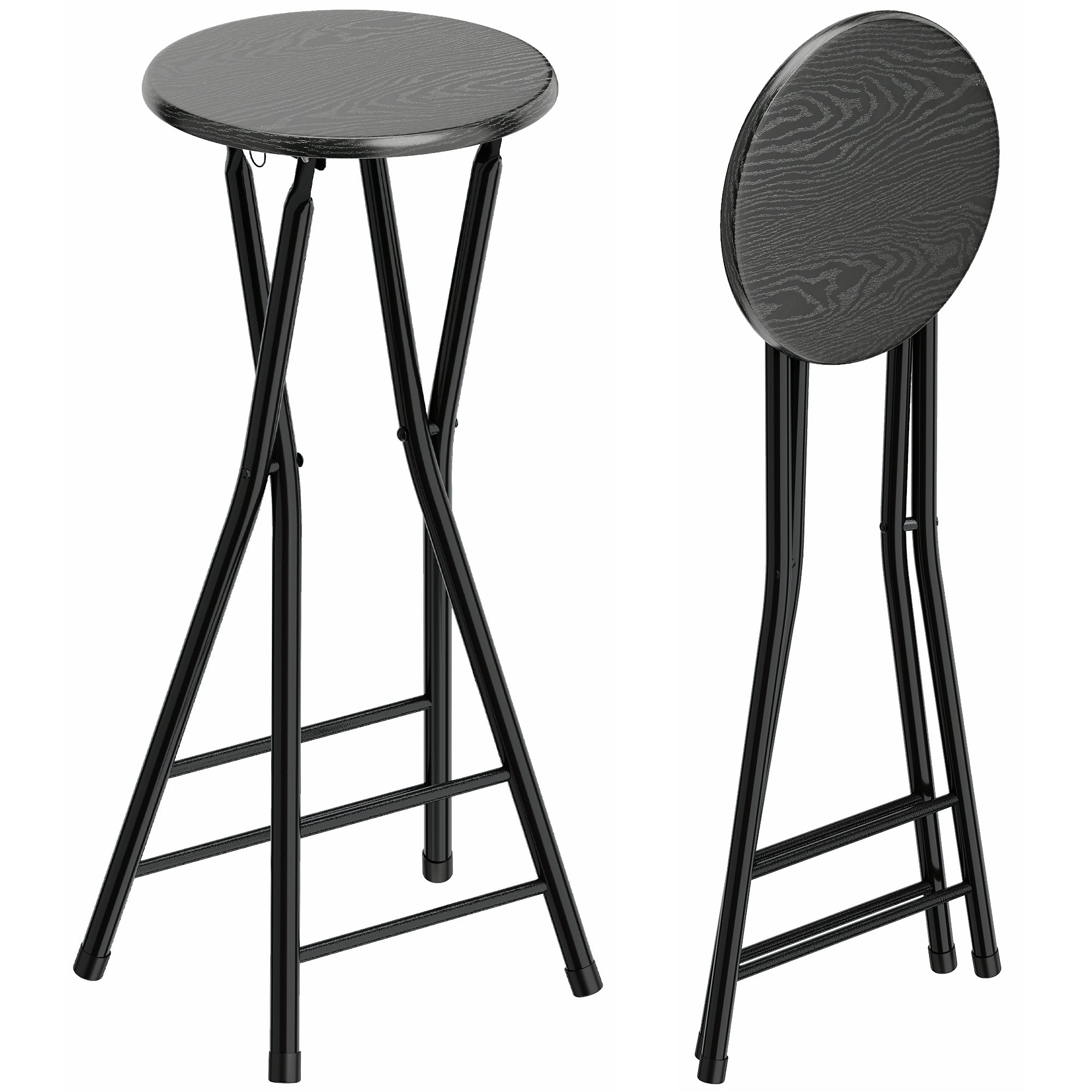 HOMCOM 2er-Set klappbare Barhocker, runde Tresenhocker mit Doppel-Fußstützen, MDF-Sitz & Stahlgestell, Schwarz