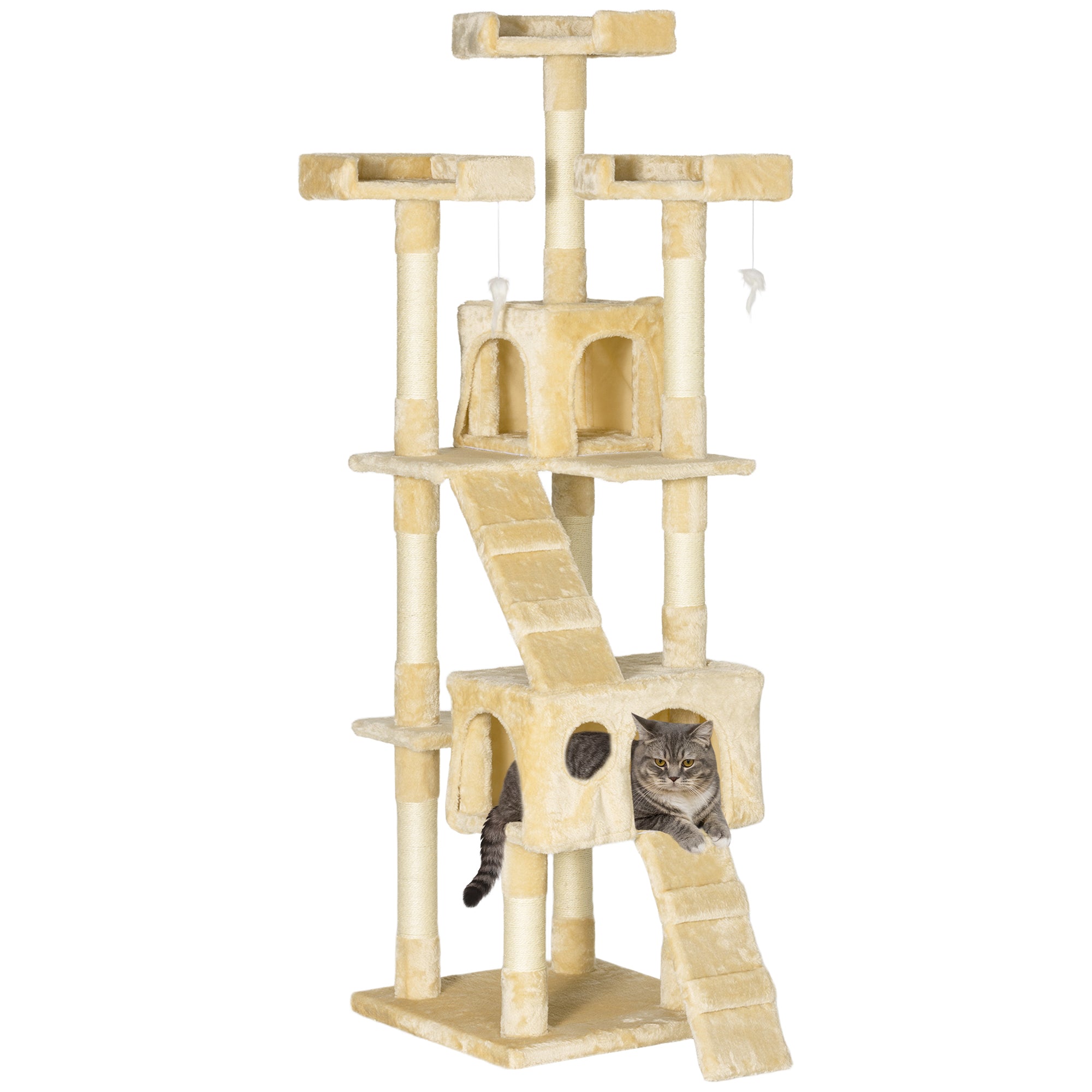 PawHut Katzenkratzbaum Groß 49x49x173 cm mit mehreren Ebenen, Höhlen, Treppen, hängenden Spielzeugen und Betten, Aktivitätszentrum aus Sisal