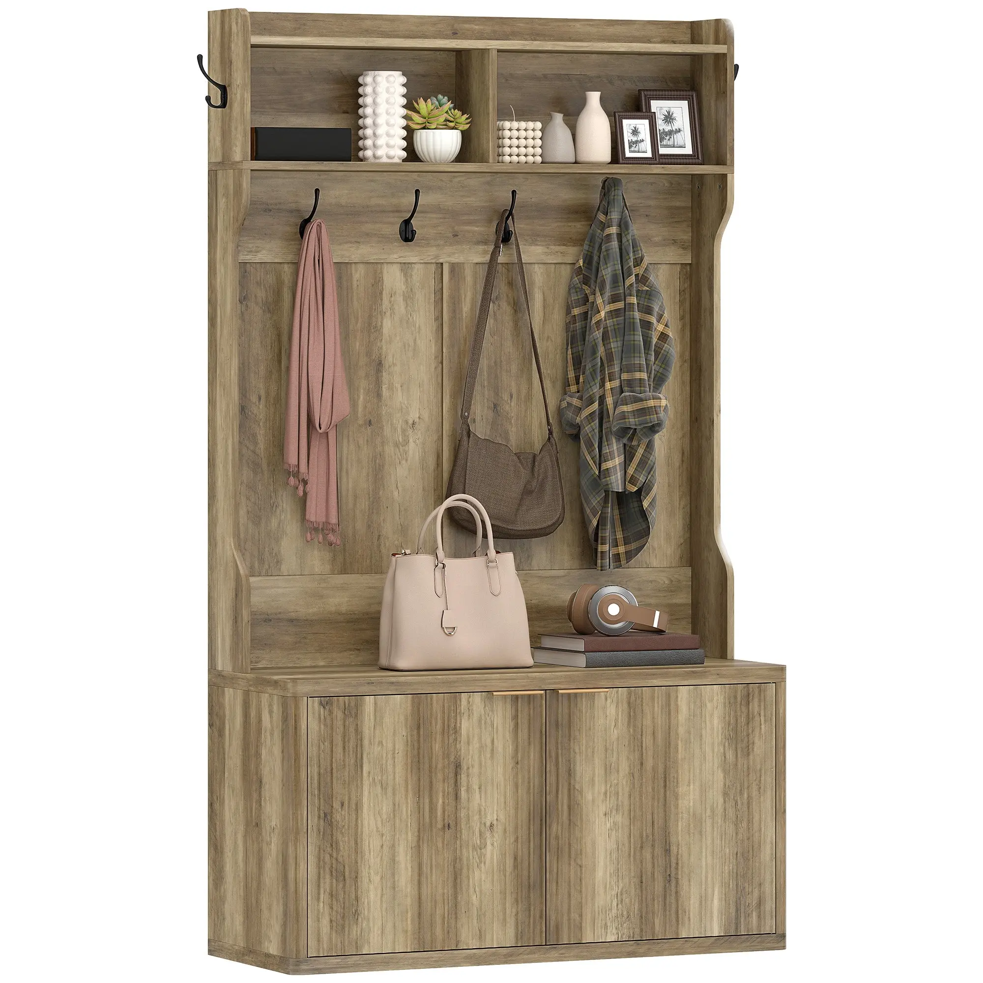 Hall Tree Shoe Cabinet — 4-in-1 Entryway Unit with Bench, 2-Door Shoe Storage, Open Shelves & 6 Hooks, Modern Oak, 39.4 x 15.0 x 67.7 in