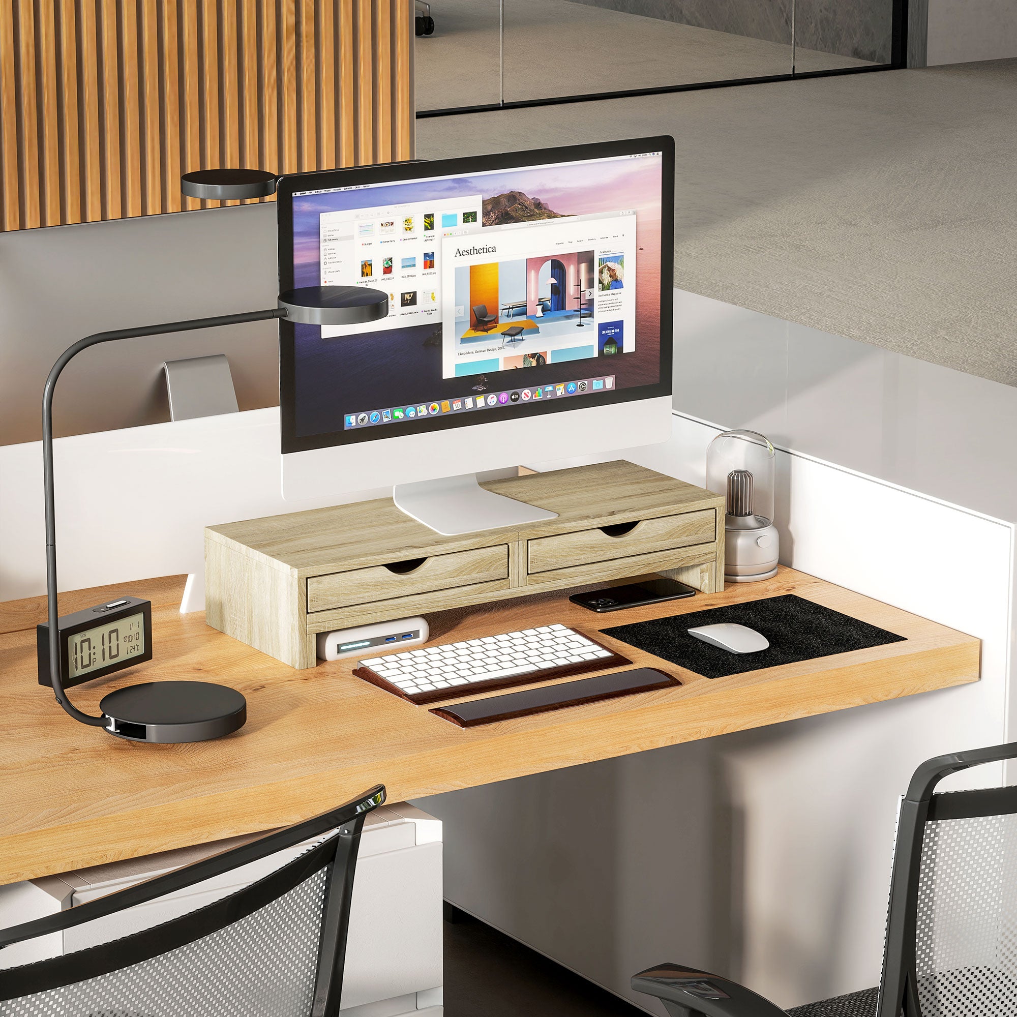 HOMCOM PC Monitor Stand Desk Computer Screen Riser 60-116 cm Monitor Stand mat 2 Schublade, Justéieren Längt an Wénk, fir Laptop, Computer, PC, Eich