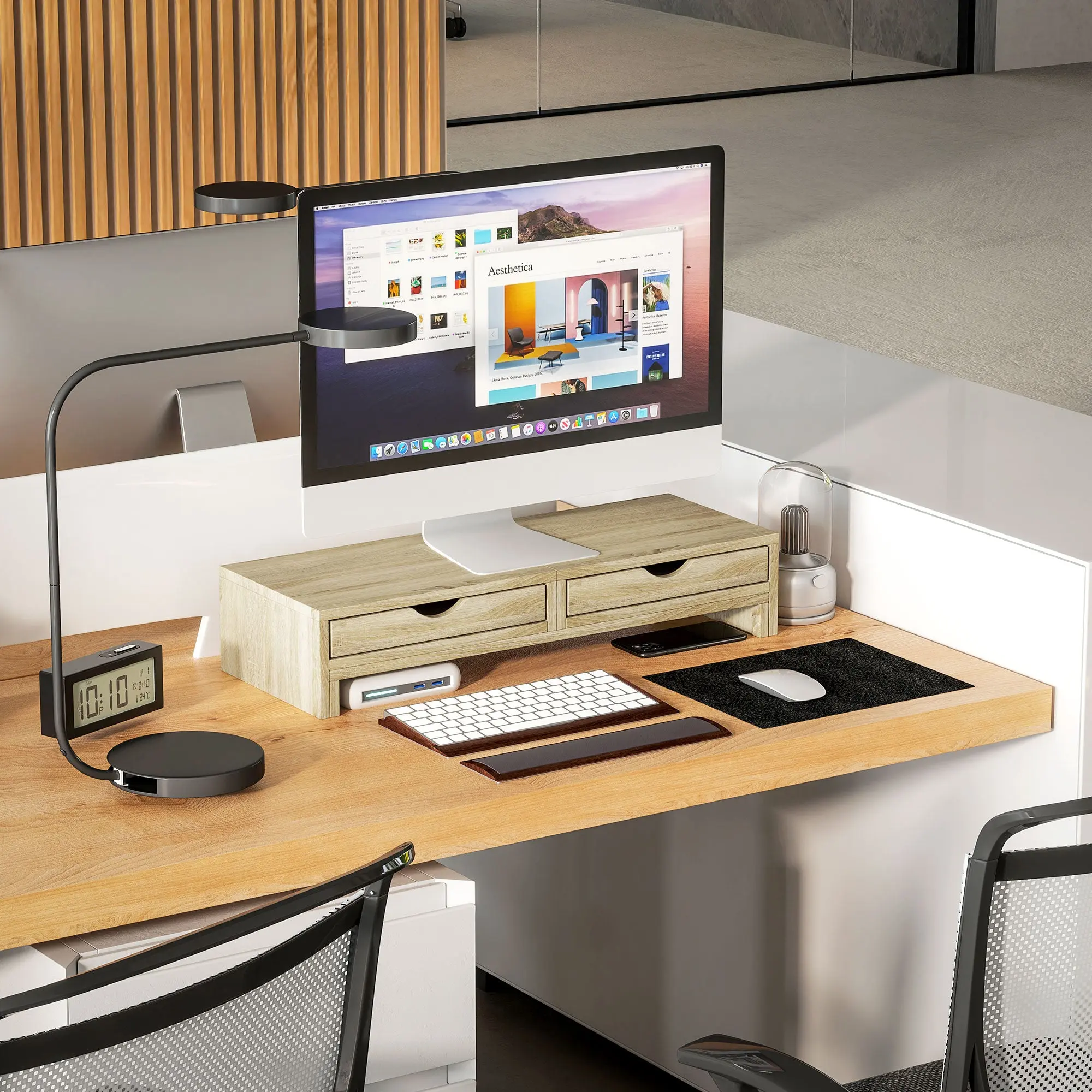 PC Monitor Stand Desk Computer Screen Riser 60-116 cm Monitor Stand with 2 Drawers, Adjustable Length and Angle, for Laptop, Computer, PC, Oak