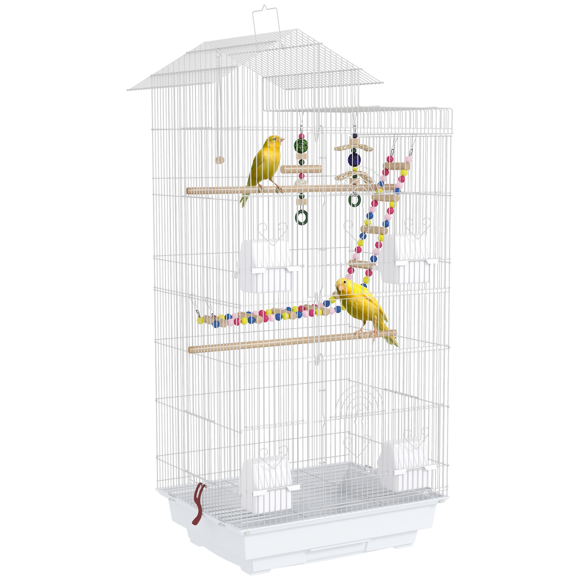 PawHut Villerche Käfeg Aviary mat ville Mënschen 4 Fütterungsgeräter 3 Sëtzplaz Swing Léift an abnehmbarer Plack fir Papegäien, Kanarienvögel, Parakeets 46x36x100 cm Wäiss