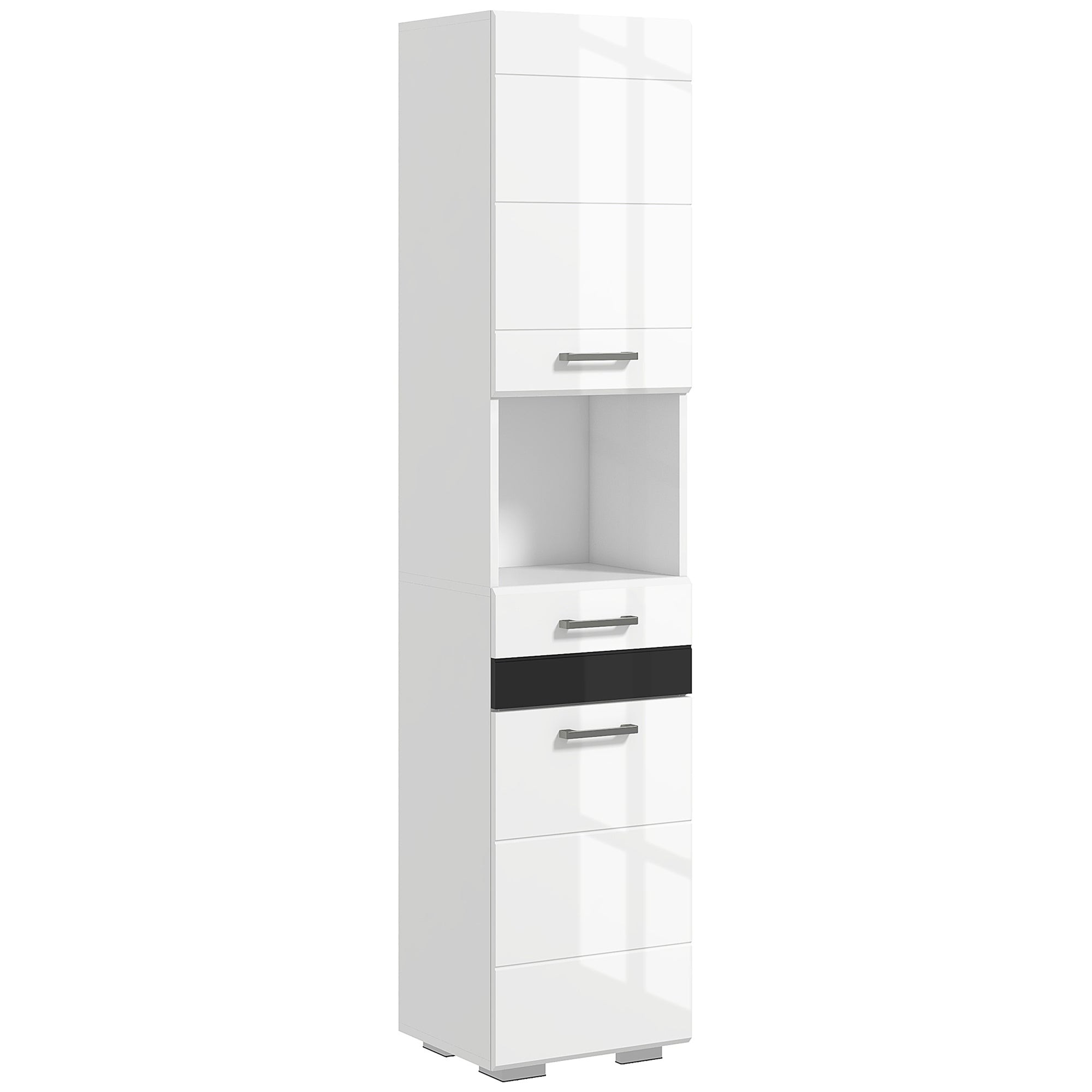 Space Saving Bathroom Column in MDF, Bathroom Cabinet with Open Shelf, Drawer, and Closed Cabinet, 37x32.5x170 cm, Glossy White