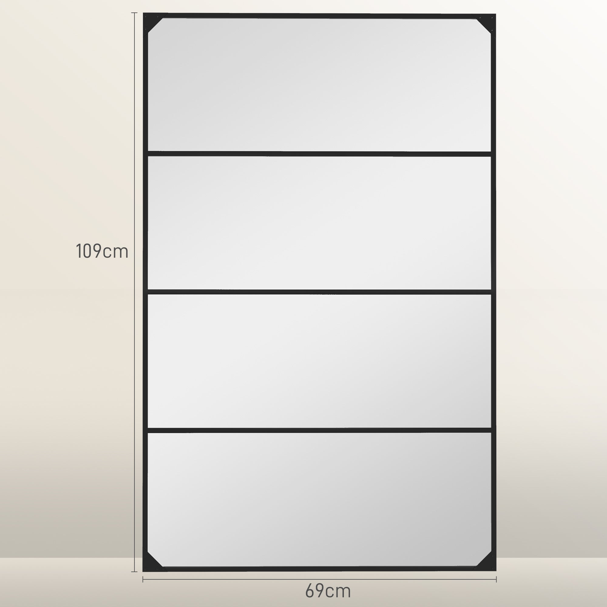 Rectangular Industrial-style Grid Wall Mirror, Horizontal or Vertical with 4 Hooks, Black Metal - 109 x 69 cm