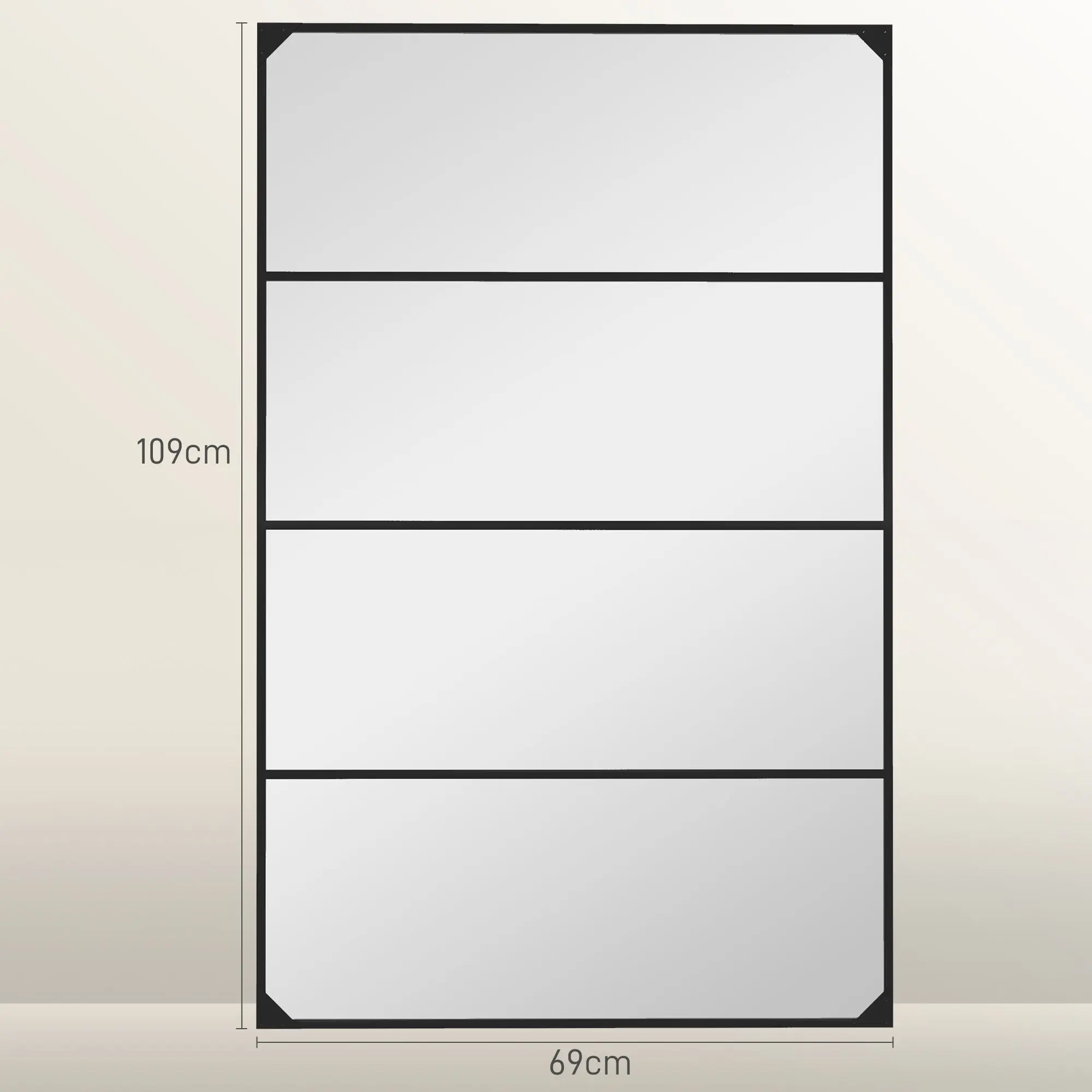 Rectangular Industrial-style Grid Wall Mirror, Horizontal or Vertical with 4 Hooks, Black Metal - 109 x 69 cm
