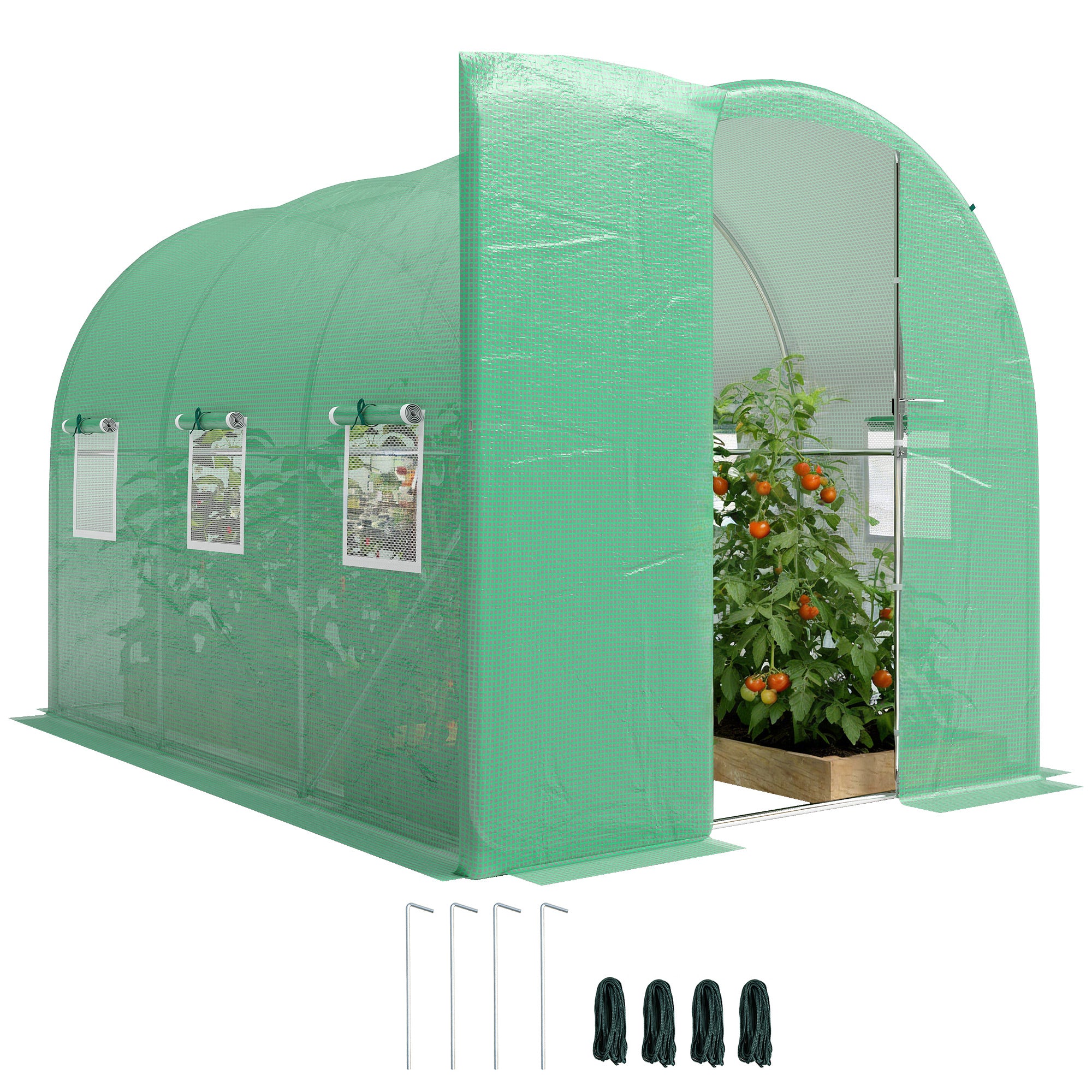Outsunny tunelový skleník 2 × 3 m (200 × 300 × 200 cm) — pozinkovaný rám, pantové dveře, 8 rolovacích síťových oken, PE 140 g/m², zelený