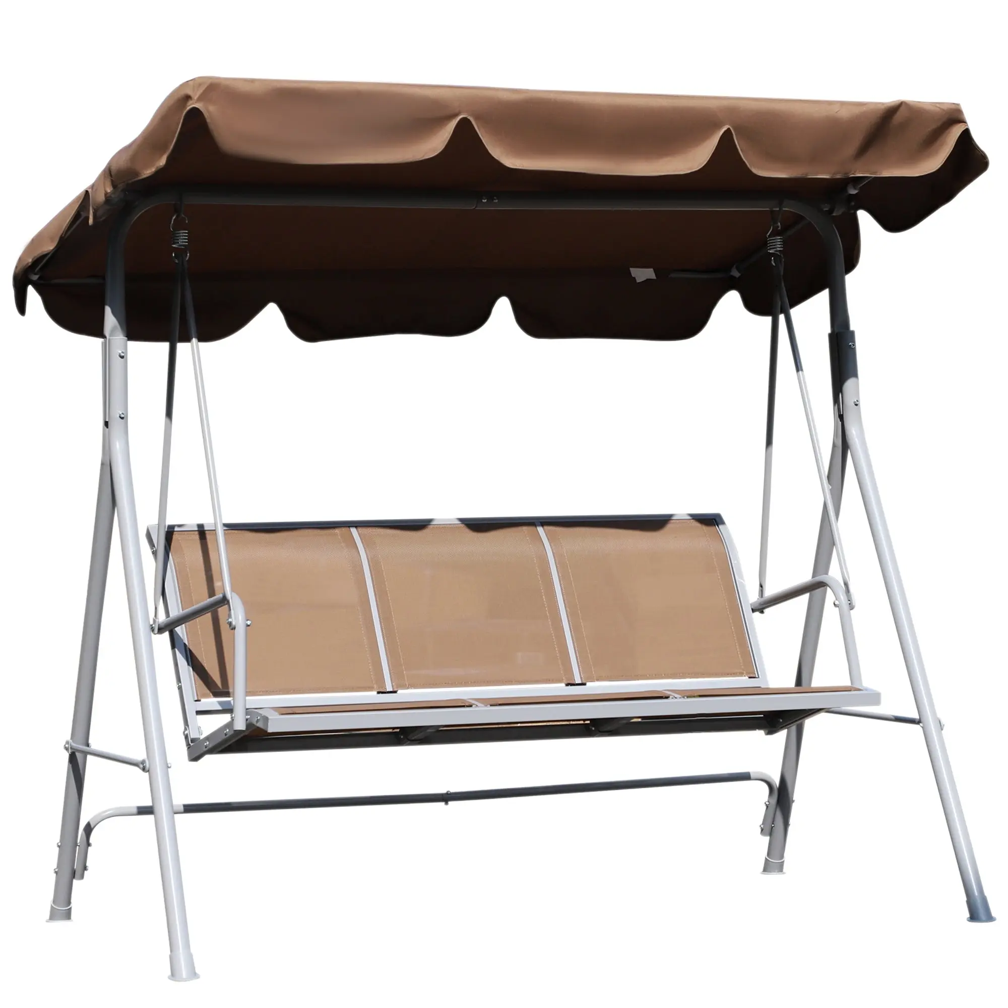 Garden Swing 3-Seater Outdoor Swing with Adjustable Canopy Breathable Backrest and Metal Frame for Terrace Balcony Load 529 lbs 67.3x42.5x60.6 inches Brown