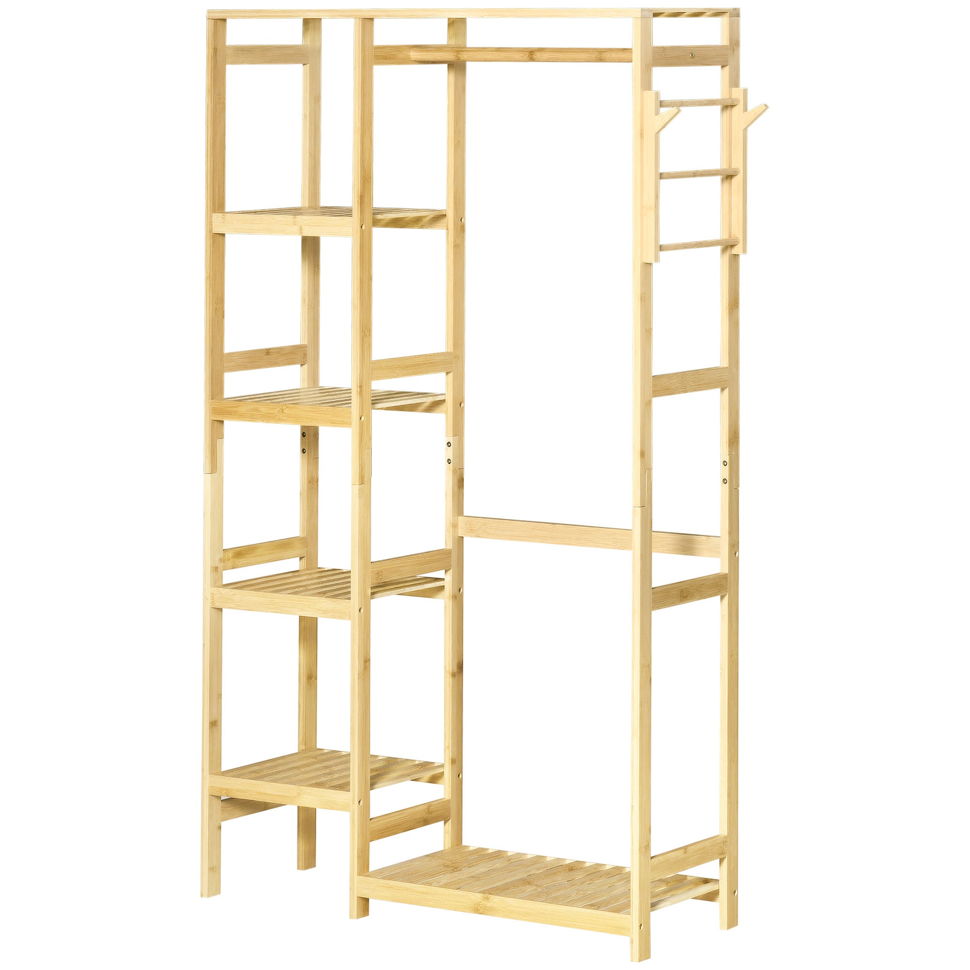 Bamboo Coat Rack with 4-Tier Shelf, Bottom Rod, and Side Hooks for Clothes Bags Bedroom 90x30x155 cm Natural