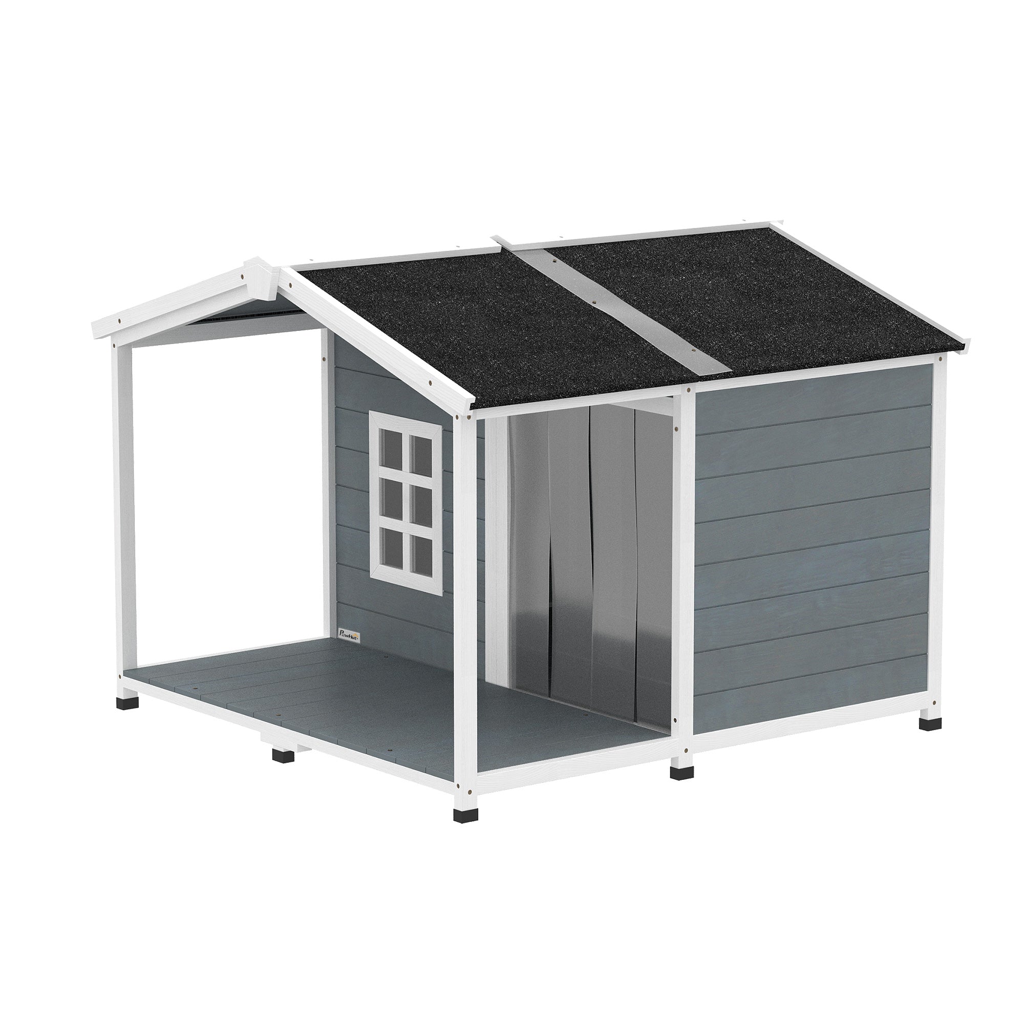 PawHut wasserdichte, erhöhte Holz-Hundehütte für draußen — 103 × 107 × 83,5 cm (Grau) — mit aufklappbarem Bitumendach, Veranda & Fenster — Für mittelgroße Hunde bis 20 kg