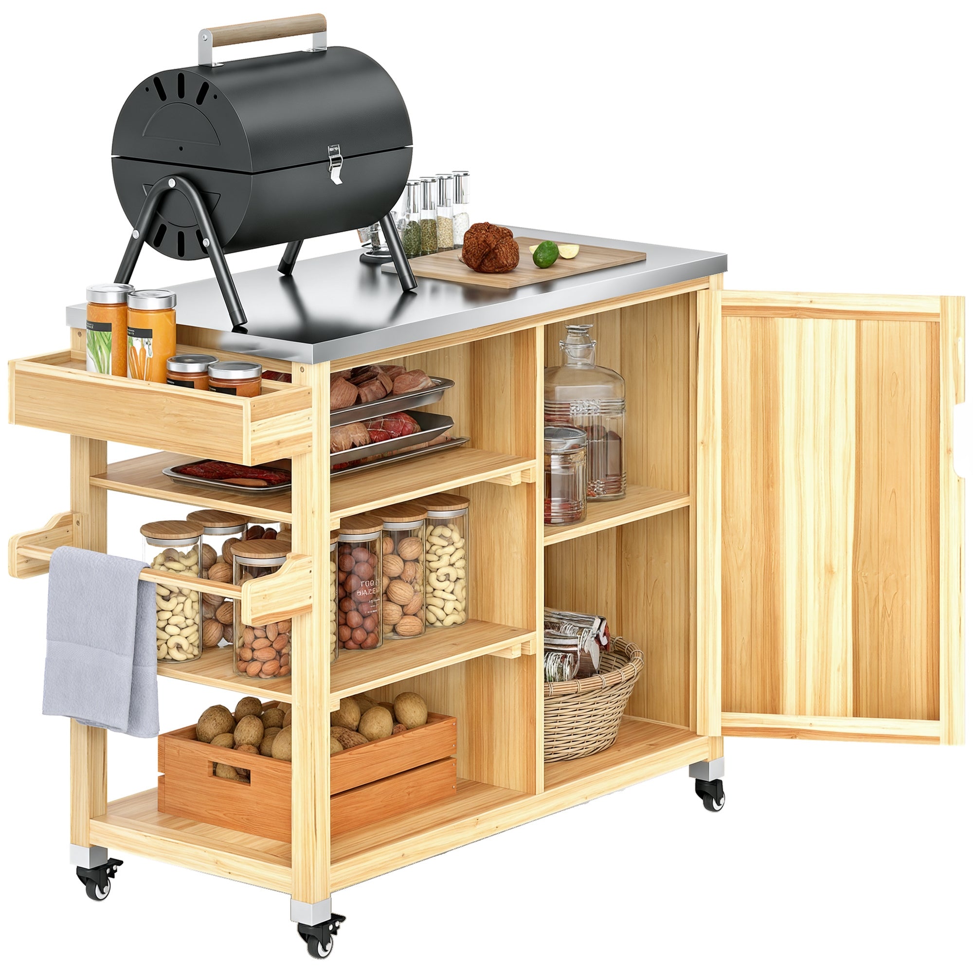 Outsunny Grillwagen 6-Etagen Servierwagen mit Arbeitsfläche Handtuchregal, BBQ Grilltisch aus Holz, Grill Beistelltisch, Outdoor Trolley, Holzkohlegrill für Garten, Terrasse 134,5x50x91,5cm Naturholz
