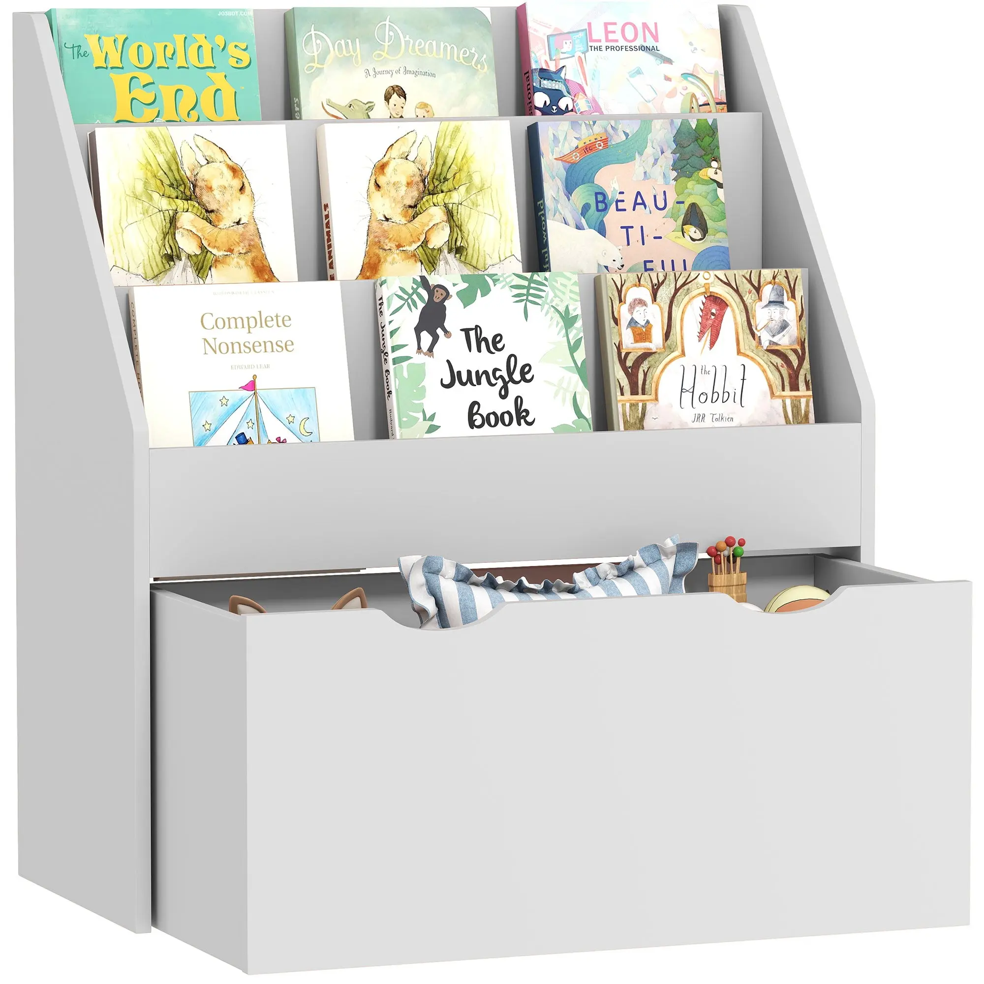 Kids Book & Toy Storage, 3-Tier Shelf with Rolling Drawer, 24.6 x 11.8 x 27.6 in – Gray