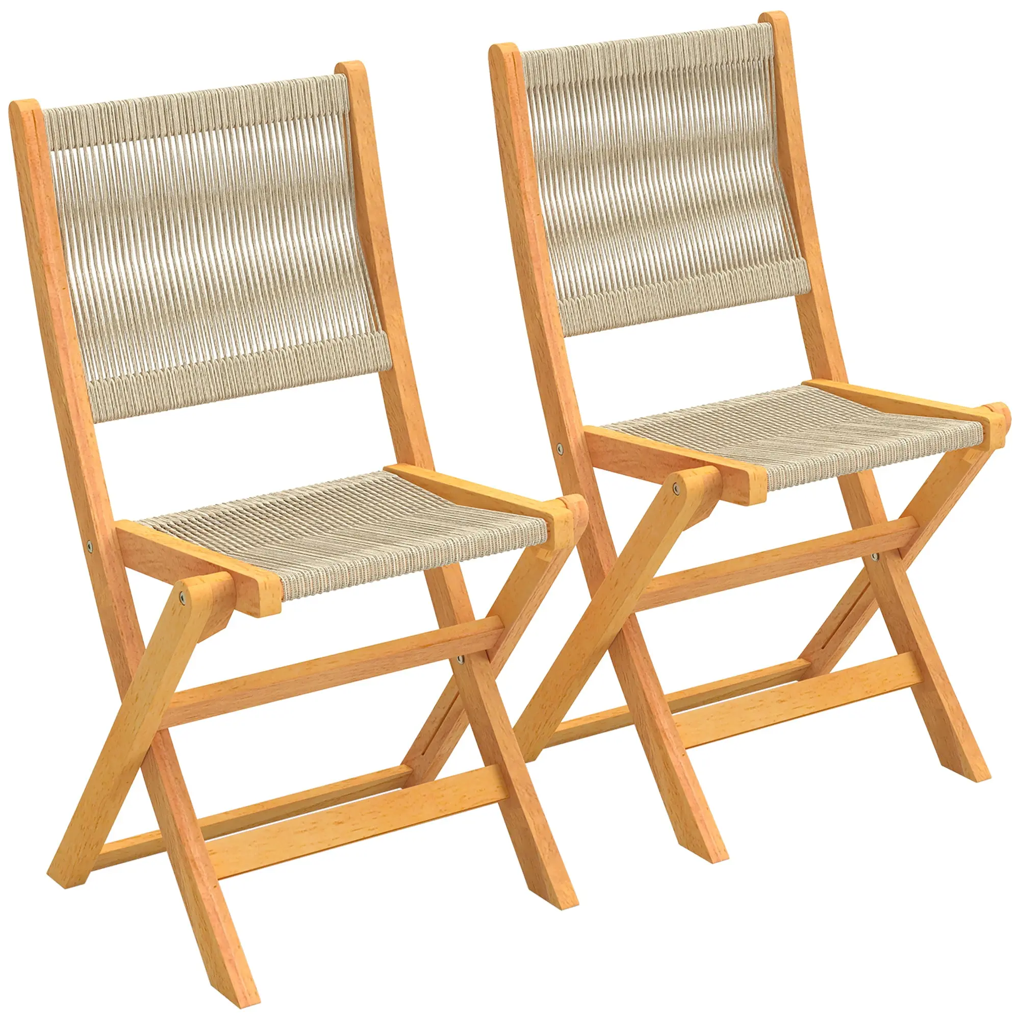 2-Pack Folding Acacia Patio Chairs (FSC) – Woven Rope Seat & Back, Space-Saving, No Assembly – Natural/Beige