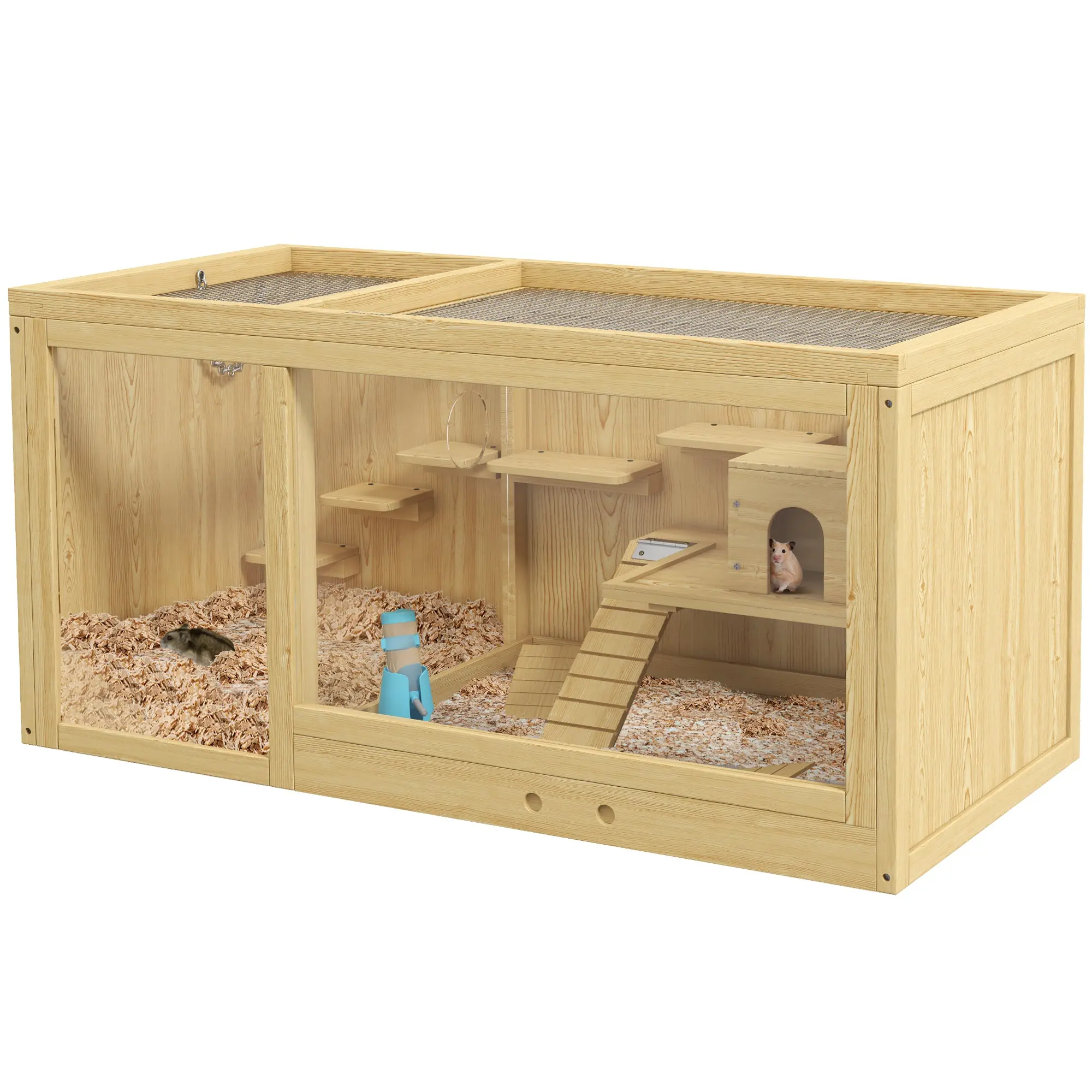 Wooden Hamster Cage Rodent Cage Small Animal Cage with Folding Lid Swings, Ladders Feeding Bowl and Accessories, Wooden Cage Cage for Hamster Dwarf Hamster Gerbil 100 x 50 x 50cm Natural