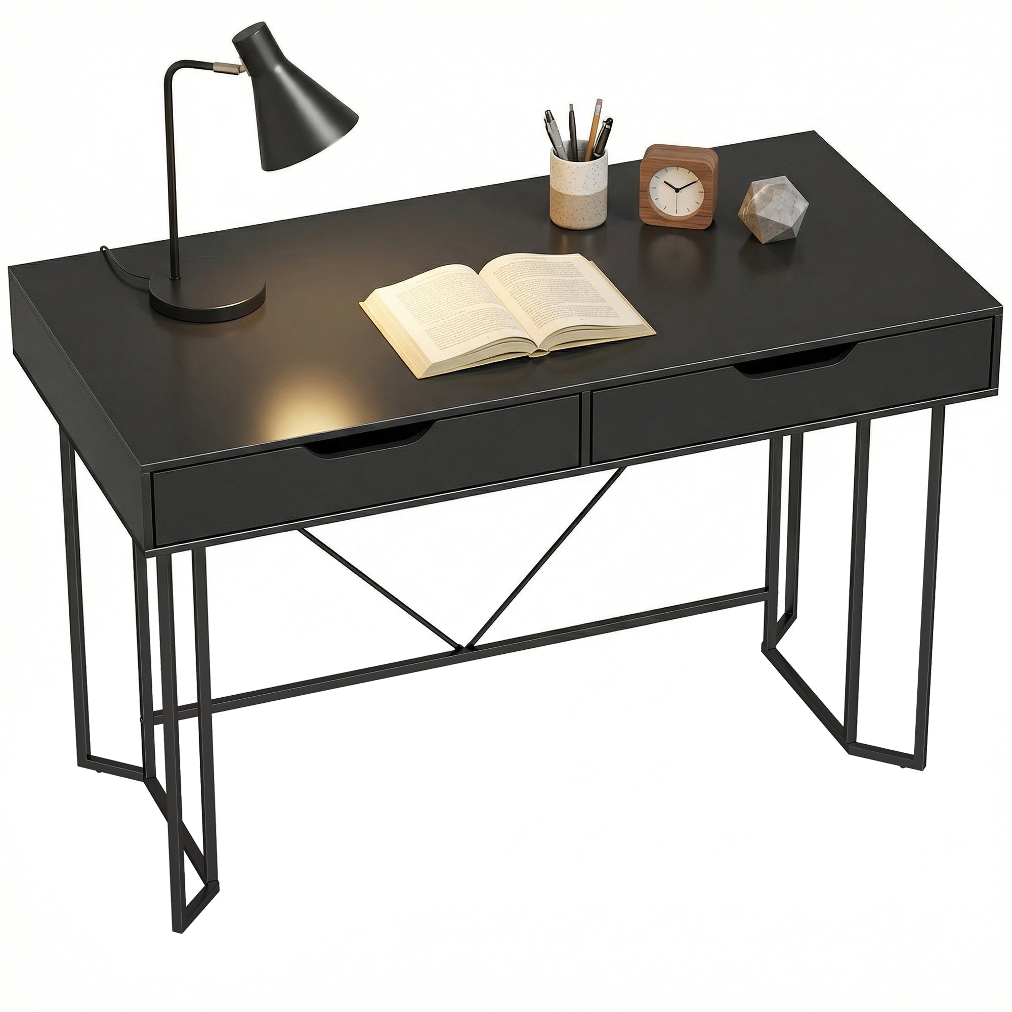 Bureau informatique HOMCOM avec 2 tiroirs, design moderne à structure métallique pour bureau et chambre — 120 x 60 x 77 cm, noir