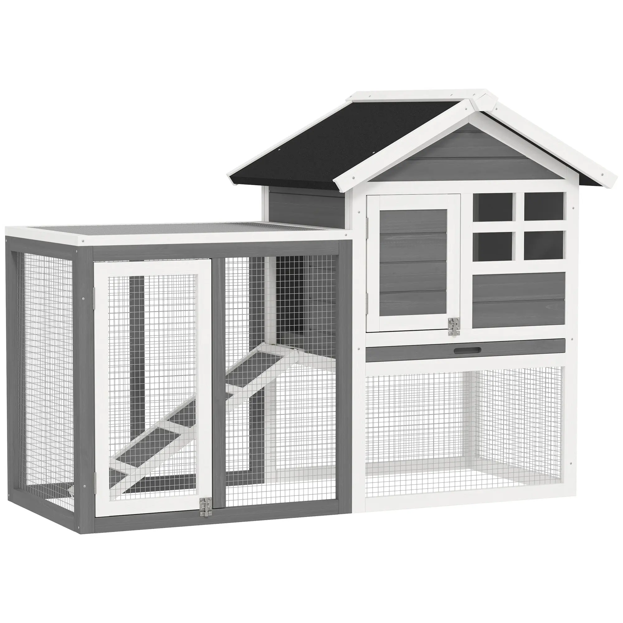 Rabbit Hutch Pine Wood Outdoor Indoor Small Animal House Cage Removable Bottom Tray and Ramp Gray+Black+White 122 x 62.6 x 92 cm
