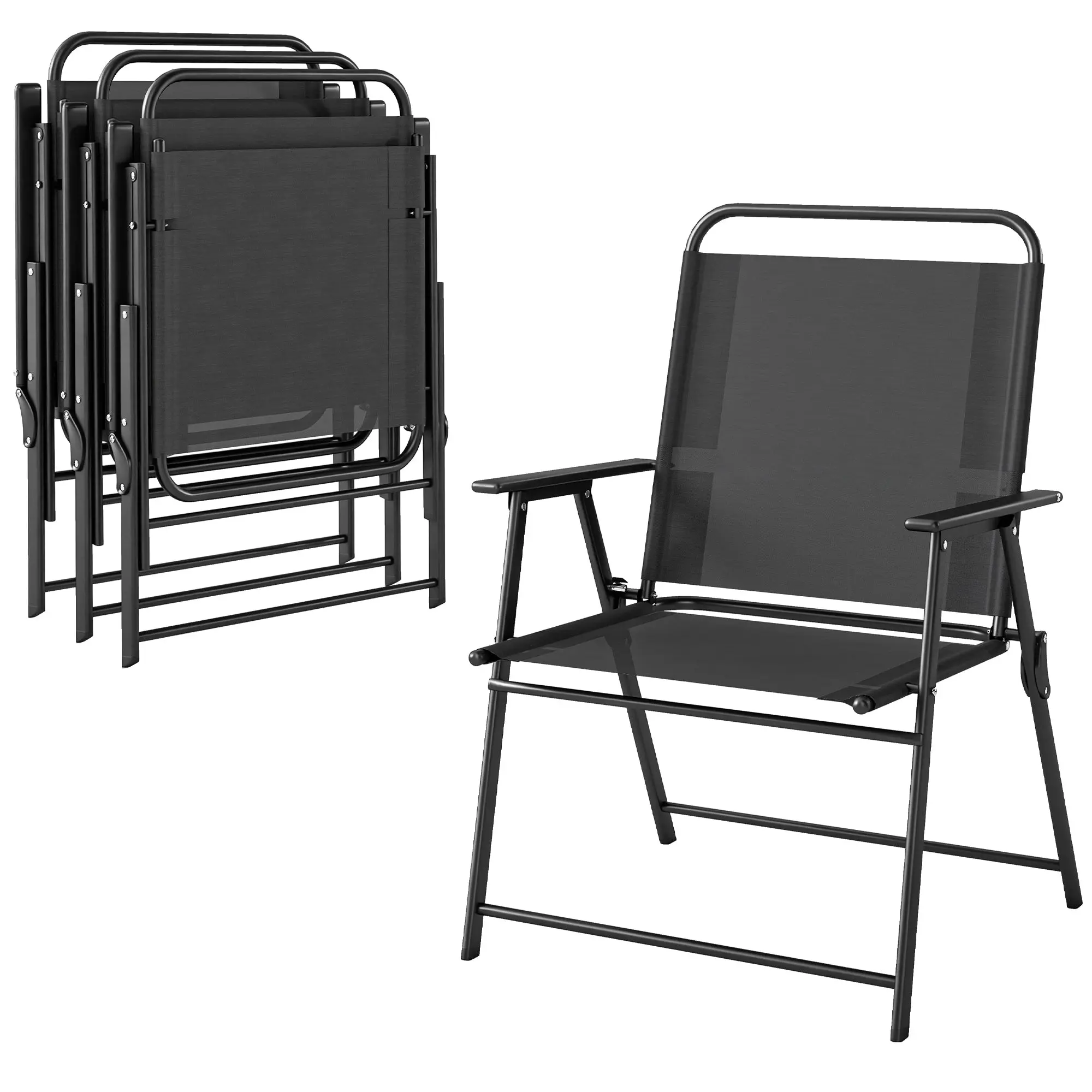 4-Pack Folding Camping Chairs — Outdoor Patio Chairs with High Back, Wide Seat & Armrests, Breathable Textilene, Steel Frame, 25.6 x 23.6 x 37 in, Black
