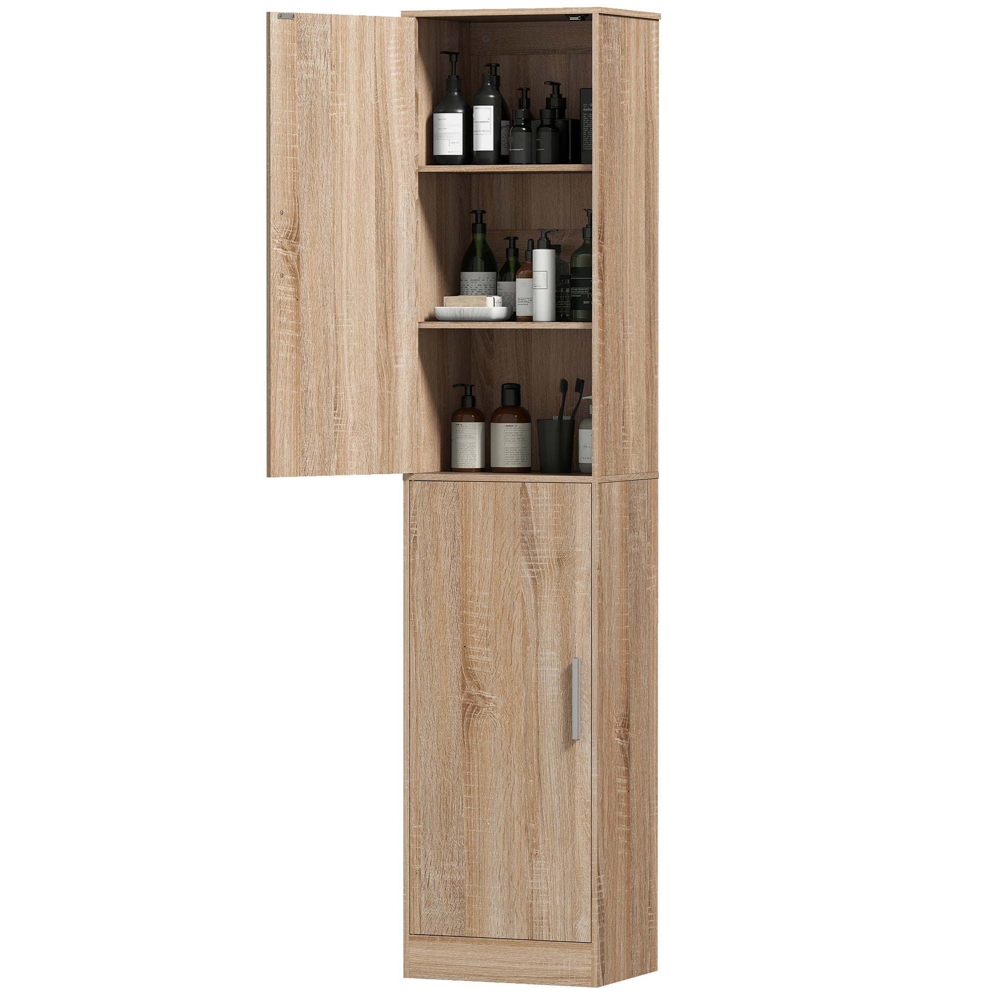 Tall Narrow Bathroom Cabinet – 2 Doors, 4 Adjustable Shelves, Natural Wood Finish, 15.7 x 13.8 x 70.9 in