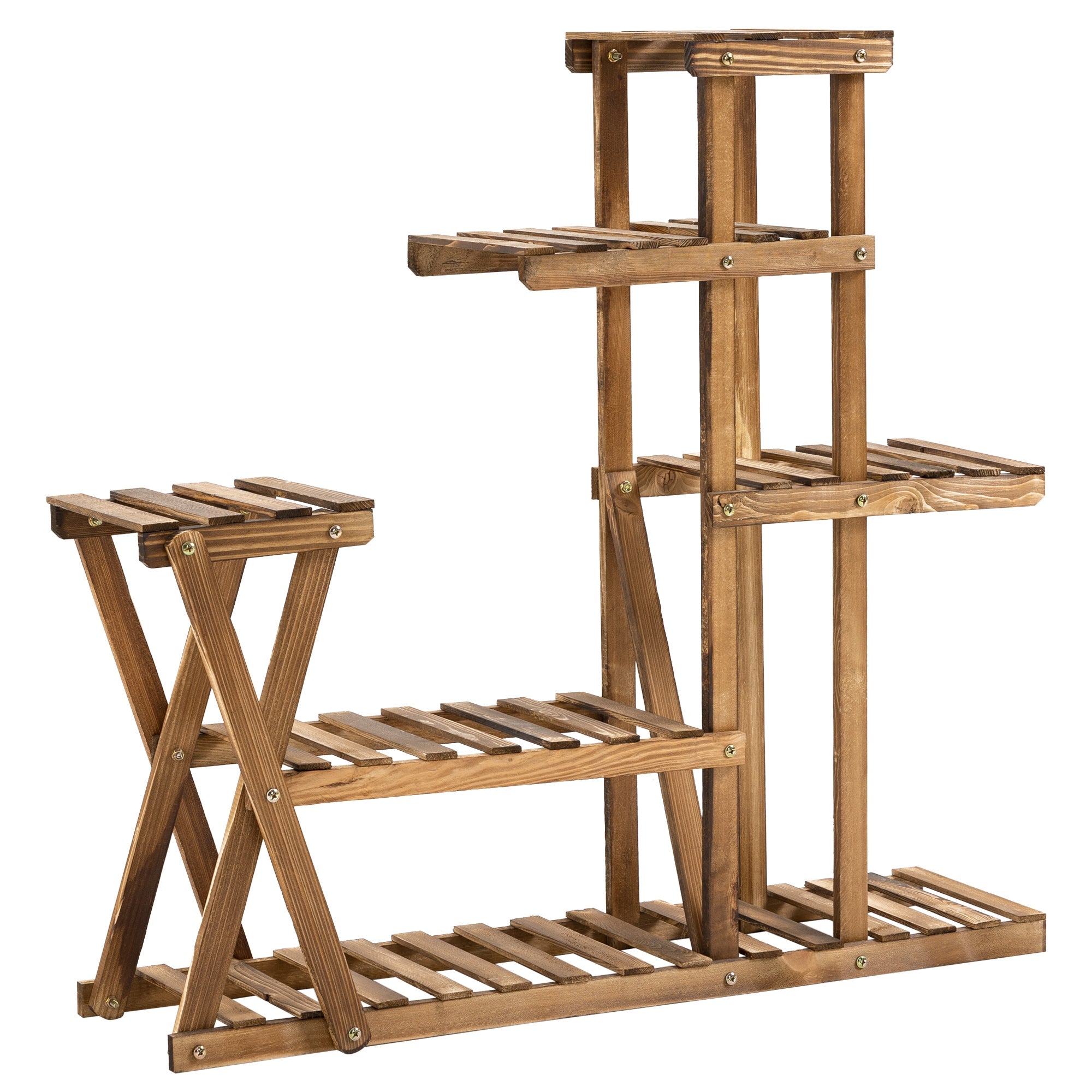 Outsunny Stojan na rastliny s drevenými nohami, policový regál na kvety s 5 poschodiami, nosnosť 60 kg pre vnútorné a vonkajšie terasy, záhrady a balkóny, 98x28x95 cm, pálené drevo