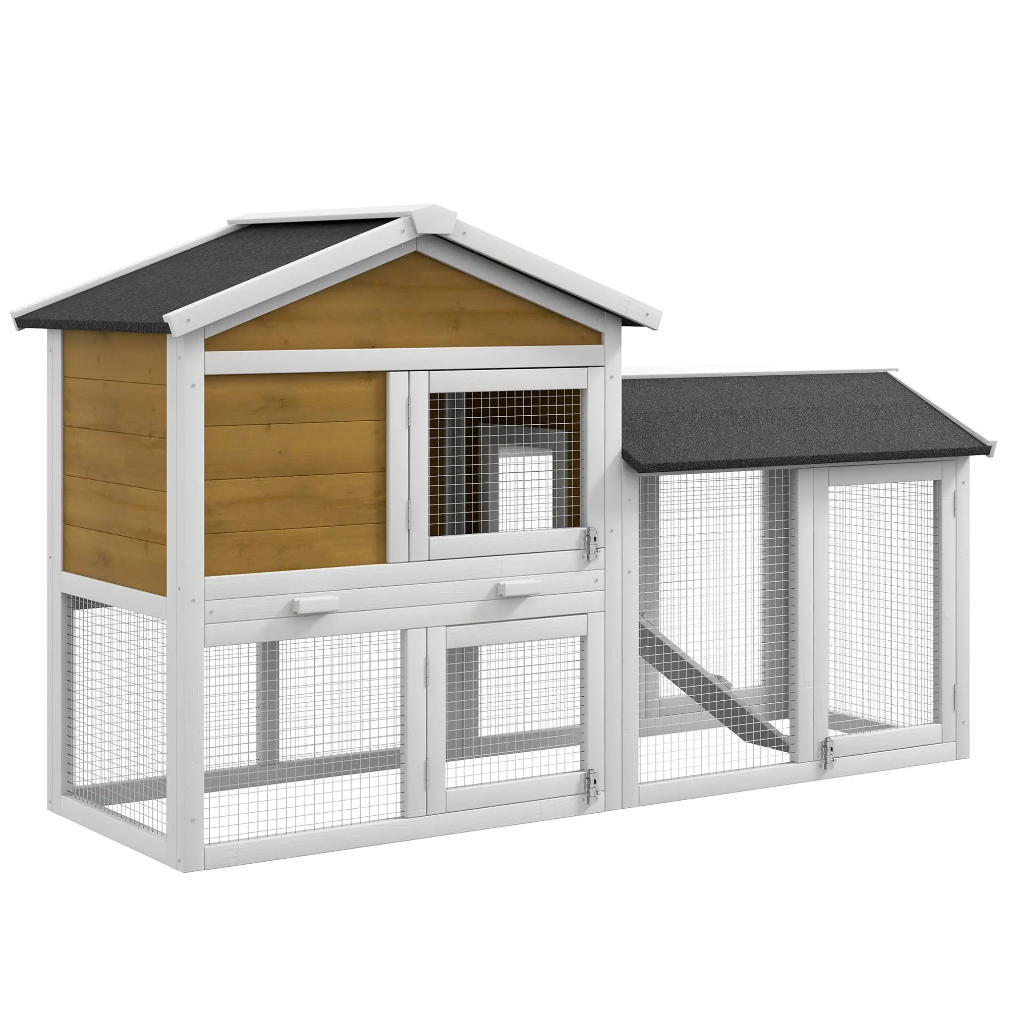 Large Wooden Rabbit Hutch with Run, 2 Story Outdoor Rabbit House with Ramp & Lockable Doors, Weatherproof Bitumen Roof, 147 x 54 x 84 cm, Yellow