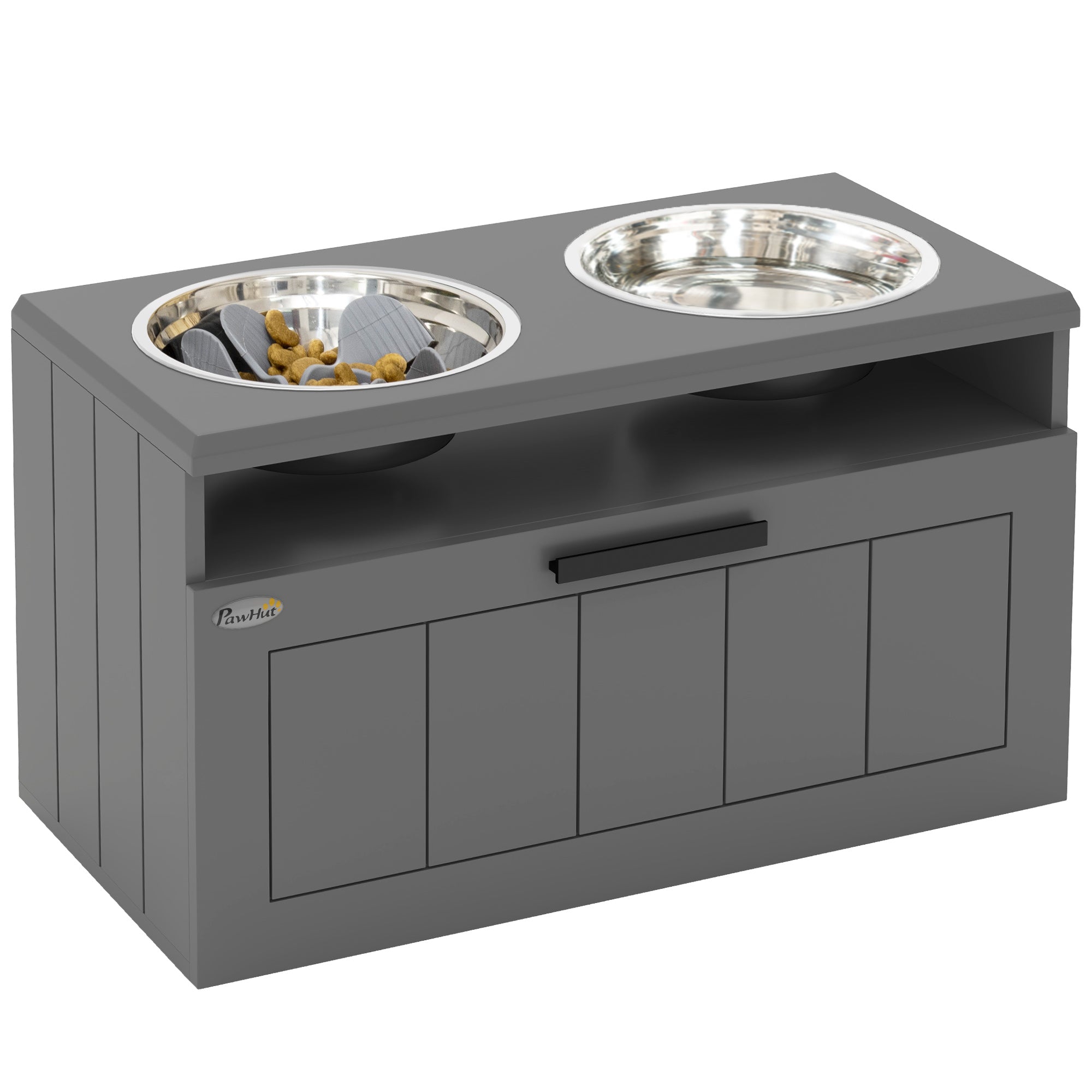 Dog Bowls, Elevated Feeding Station with 2 Stainless Steel Bowls, Slow Feeder Mat, Dog Bowl Stand with 25L Storage, Food Bowl, Water Bowl for Large and Extra Large Dogs, Gray