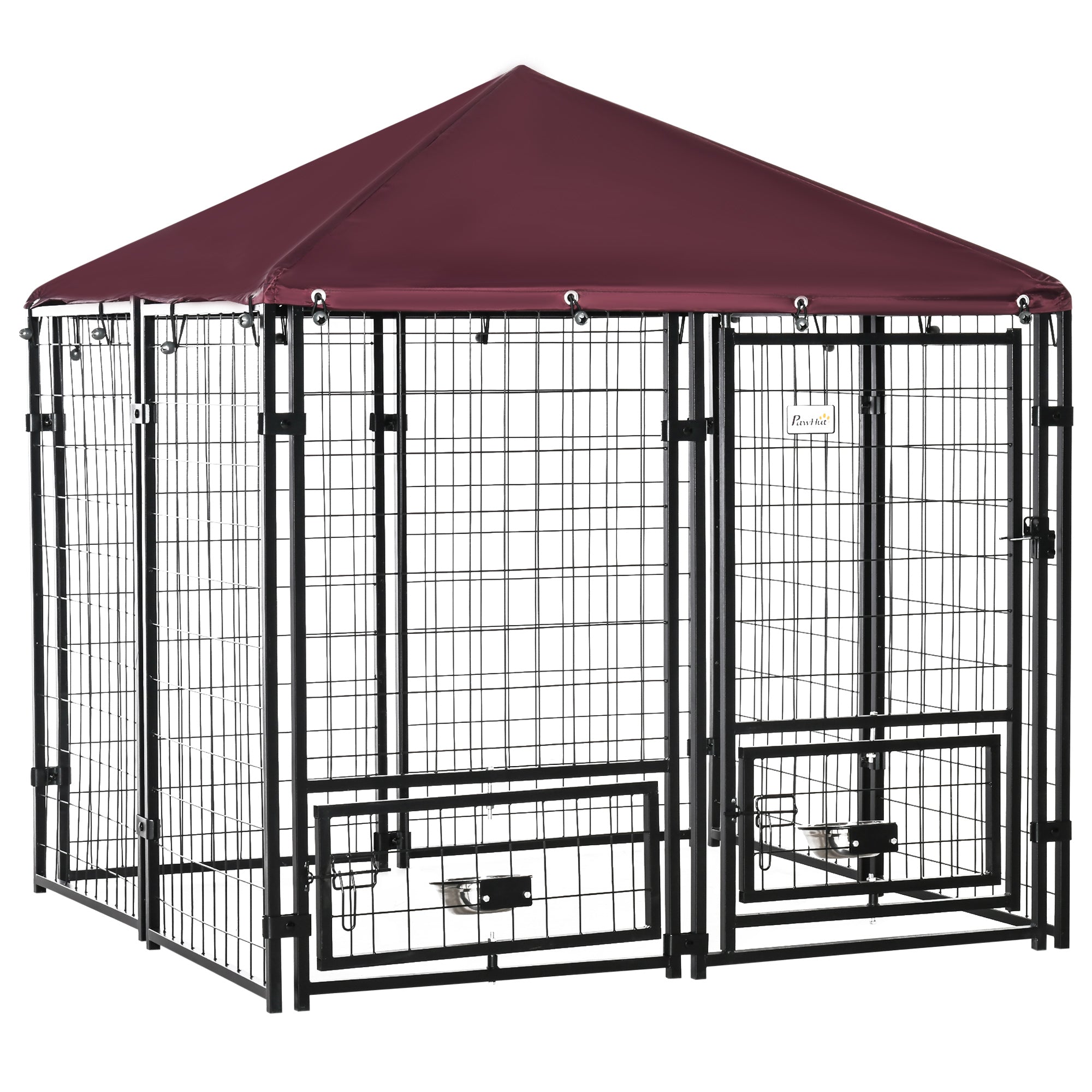 PawHut Hundegehege für den Außenbereich, Metallbox mit Schloss, 2 drehbaren Futternäpfen und Oxford-Stoffüberzug, schwarzes und rotes Hundehaus