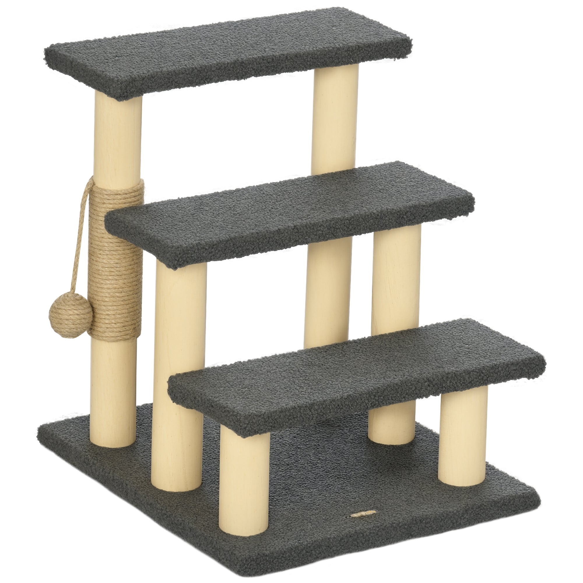 Escalier pour Chat PawHut 3 Étapes, 48 cm avec Colonne en Sisal, Escalier pour Chien avec Balle Jouet, Aide à l'Entrée pour Lits Hauts, Bois de Pin, Gris+Naturel