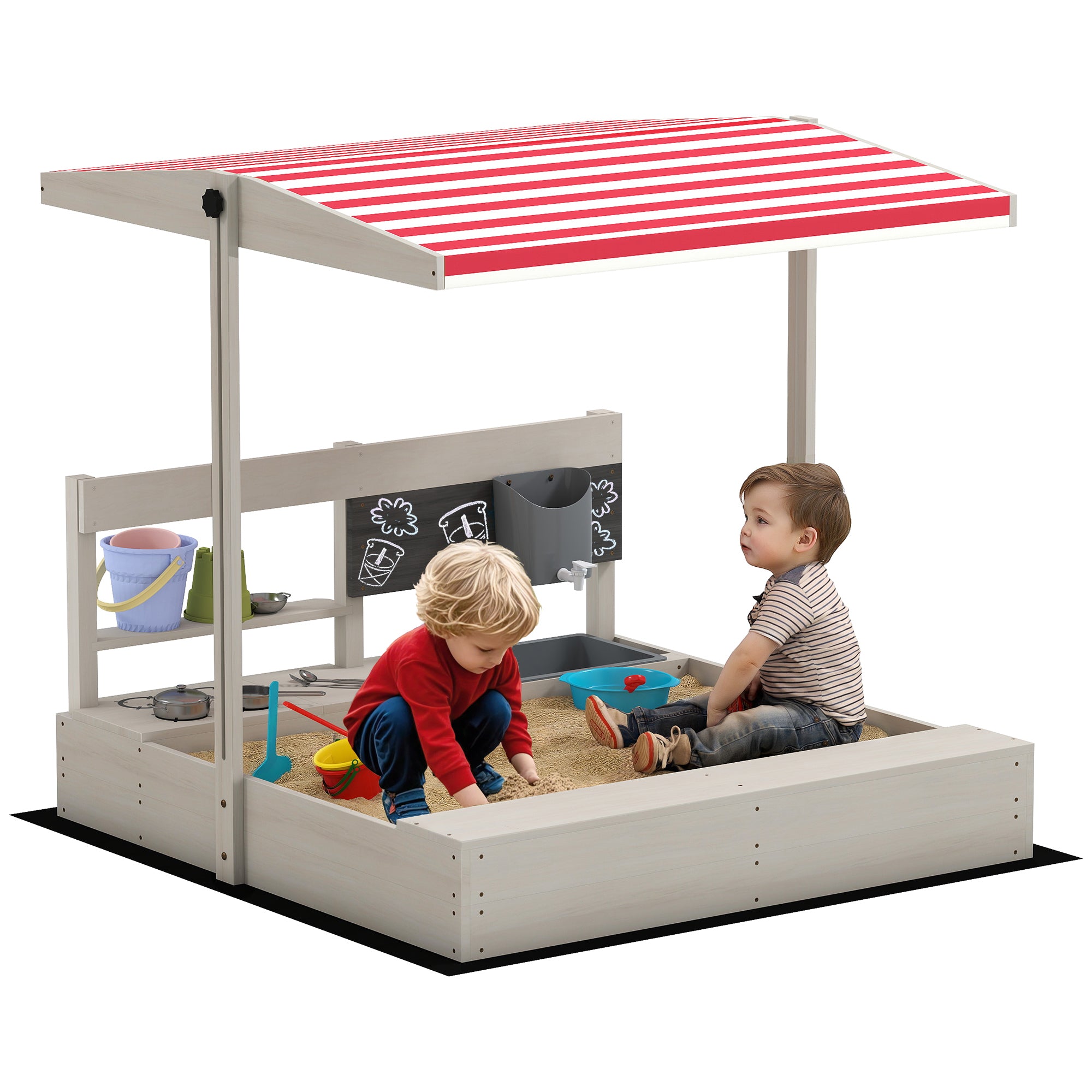 Outsunny Drvena Pjeskovnica za Djecu s Podesivim Krovom - Pjeskovnica s Kuhinjskim Igrama, Odborom za Kredu i Klupom za Djecu 3-7 Godina za Patio i Vrt 114x110x110 cm Siva