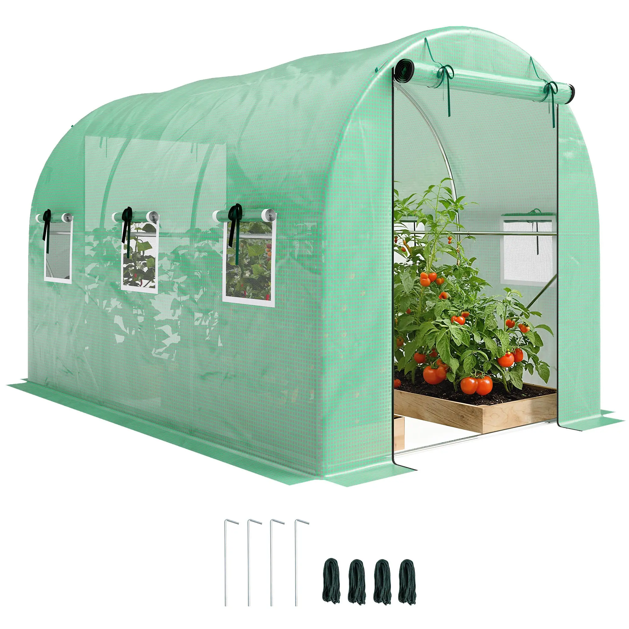 Tunnel Greenhouse 3 x 2 x 2 m with PE Cover, 2 Roll-Up Zip Doors & 6 Mesh Windows, Support Bars, Extended Hems, UV-Protected – Green
