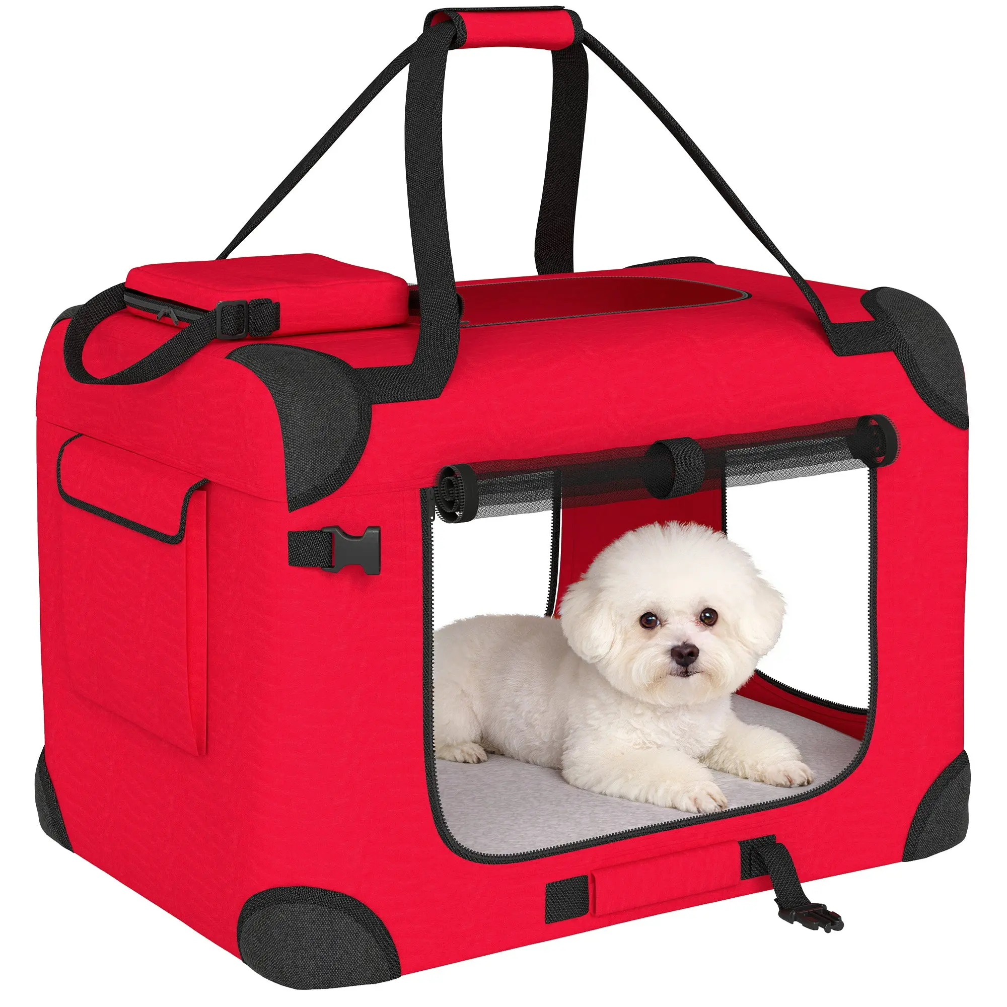 Foldable Pet Carrier with Mesh Windows & Soft Cushion — 23.6×16.3×16.1 in (Red) — For Mini Dogs, Cats & Small Pets