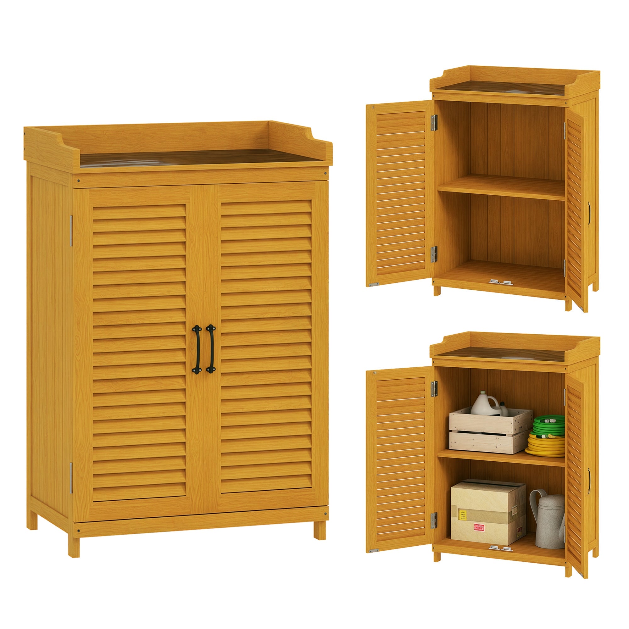 Wooden Garden Cabinet, Tool Shed with Work Area, Weatherproof Tool Cabinet, 65.5x40x98.5cm, Tool House with Louvered Door, Shelves, Tool Cabinet Garden Shed for Garden, Patio, Yellow