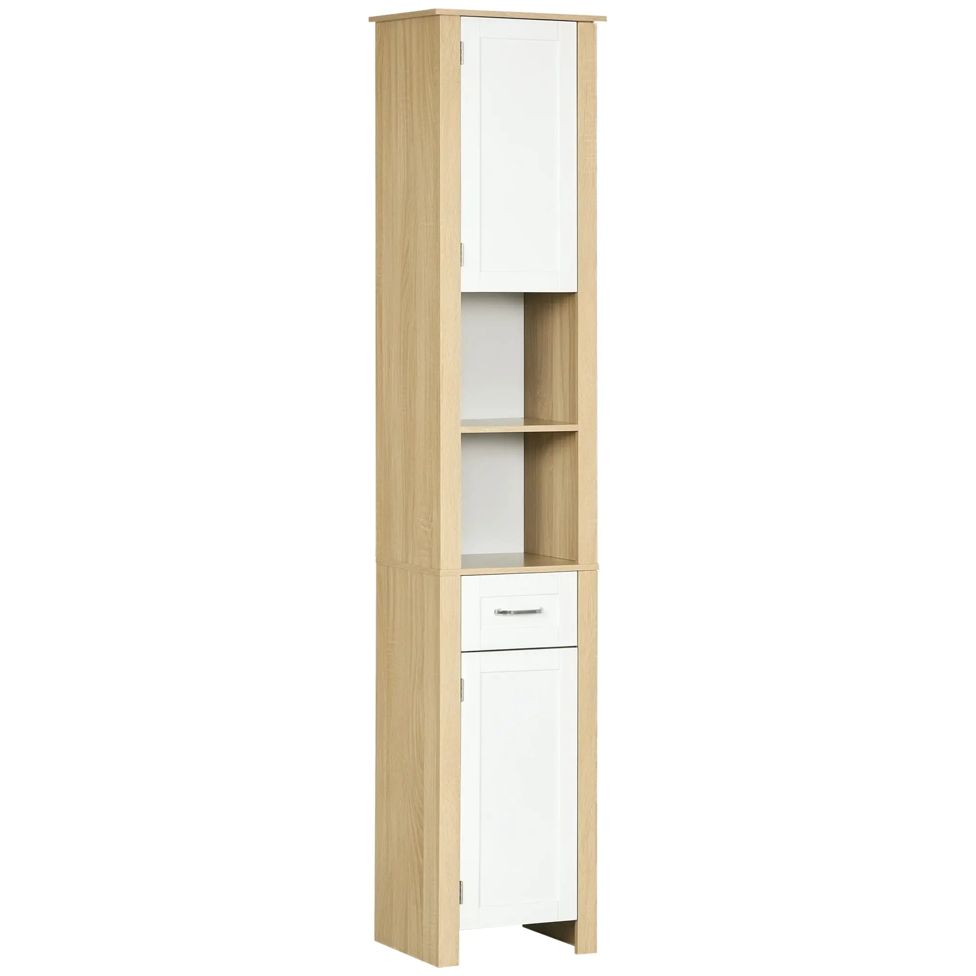 Bathroom Column, Tall Chipboard Bathroom Cabinet with a Drawer, 2 Cabinets, and 2 Adjustable Open Shelves, 37x30x184 cm, White and Wood Color