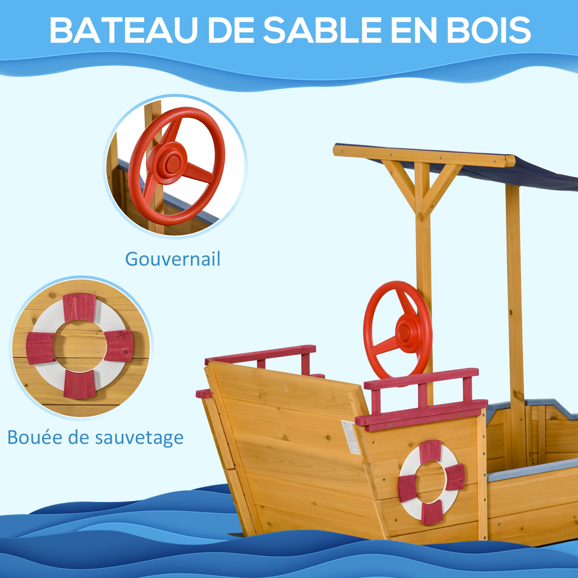 Wooden Pirate Ship Sandbox - Shading Sail, Storage Chest, Steering Wheel - Pre-oiled Pine Wood