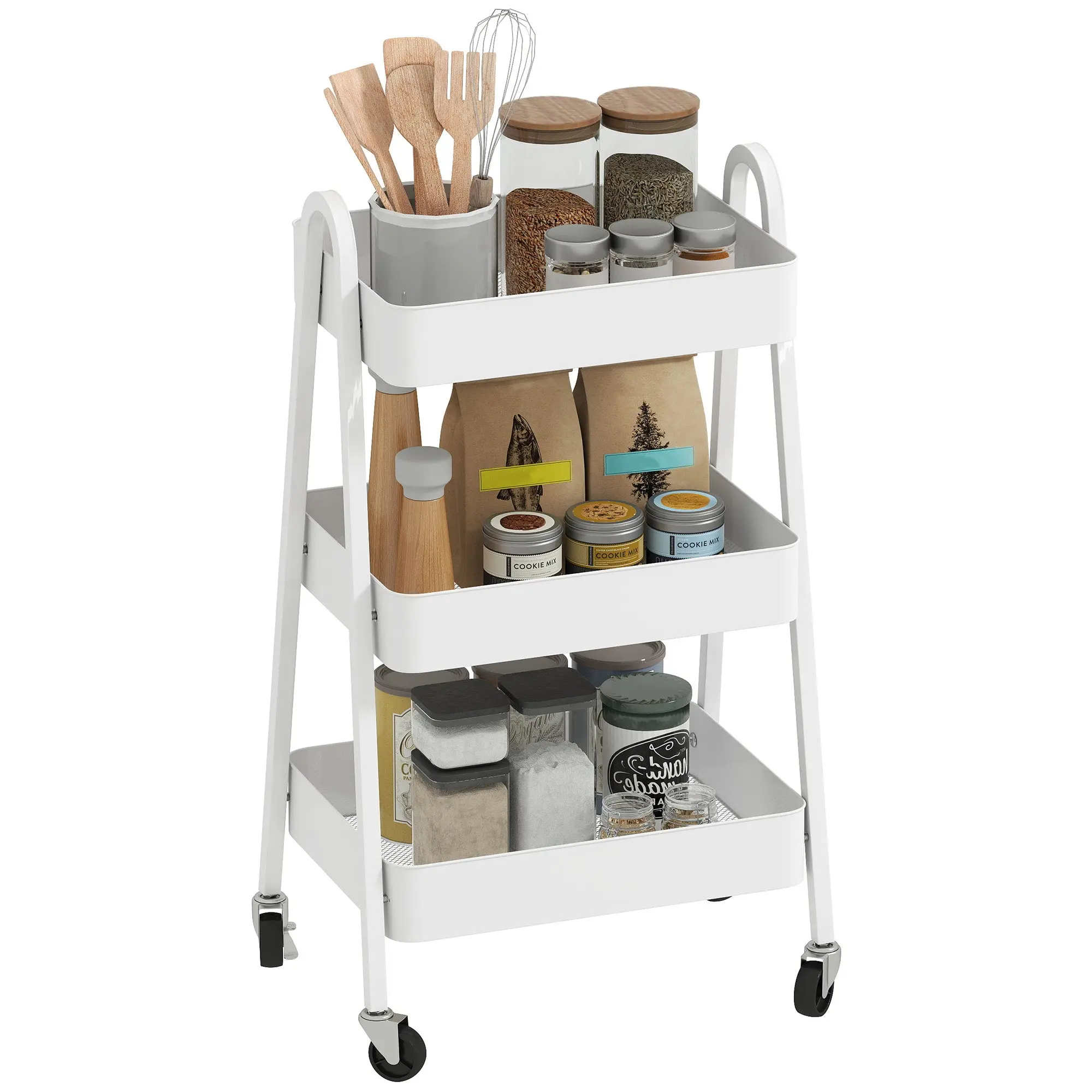 Three-Tier Serving Cart with Wheels Handle Rolling Cart with Brake Kitchen Shelf Kitchen Trolley Multipurpose Cart for Kitchen Office Bathroom, White