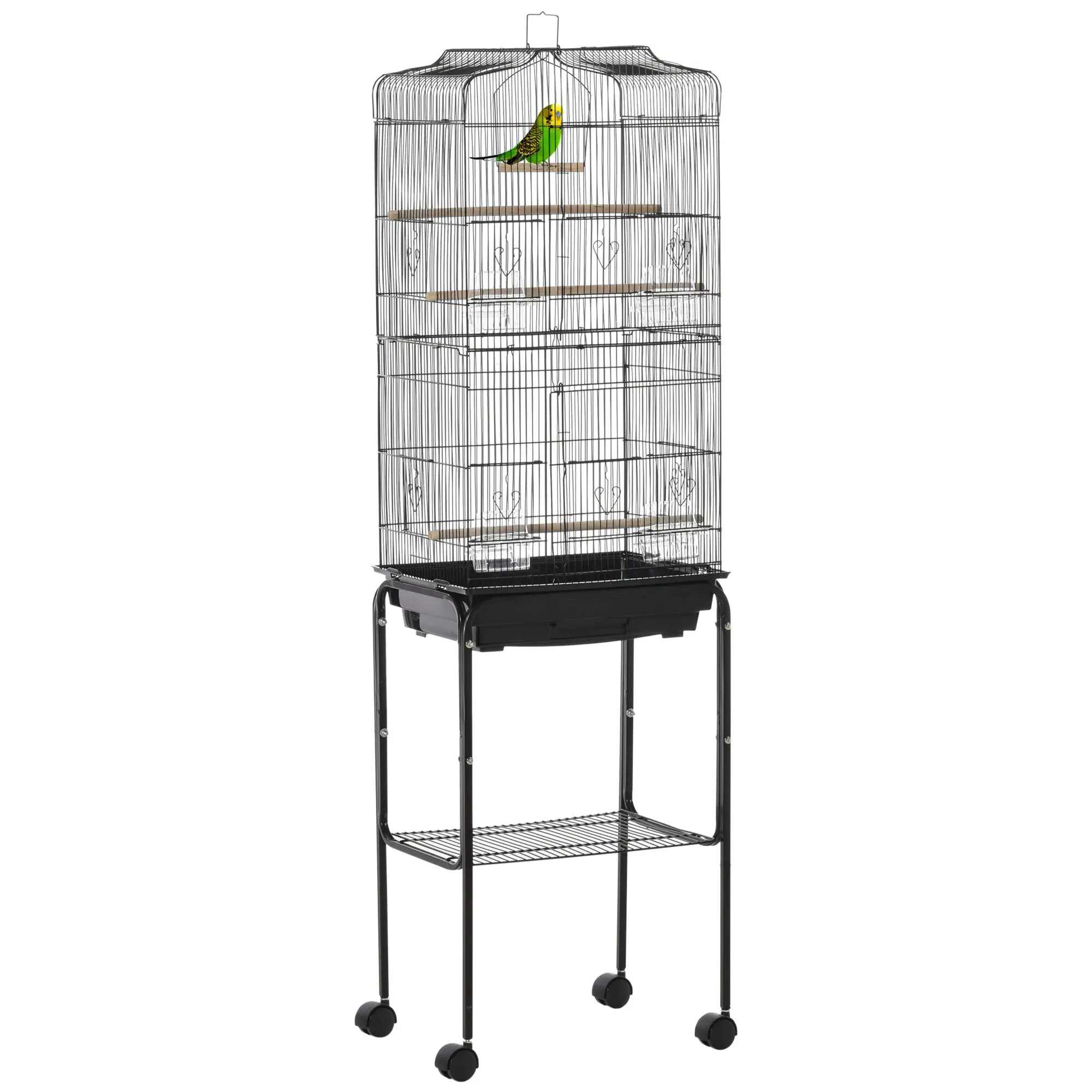 Bird Cage with Stand and Wheels, Metal Parakeet Cage with 4 Feeders, 3 Perches, Removable Tray and Storage Shelf for Canaries 46.5x36x157 cm