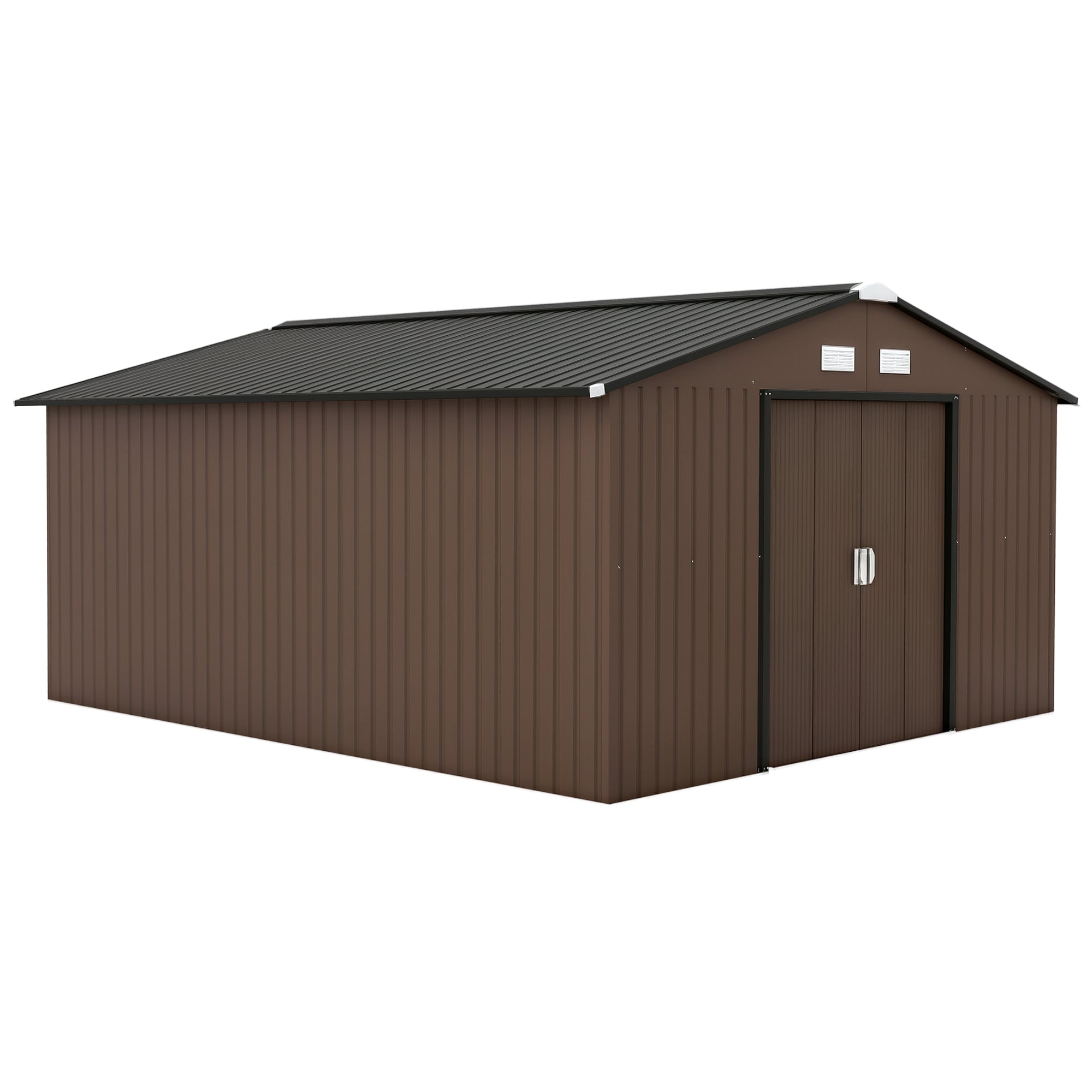 Toolhouse 12.4 m?, Garden Shed with Gable Roof, Sliding Door, Foundation, 386 x 340 x 200 cm, Tool Shed made of Galvanized Steel, Weatherproof, for Garden, Brown