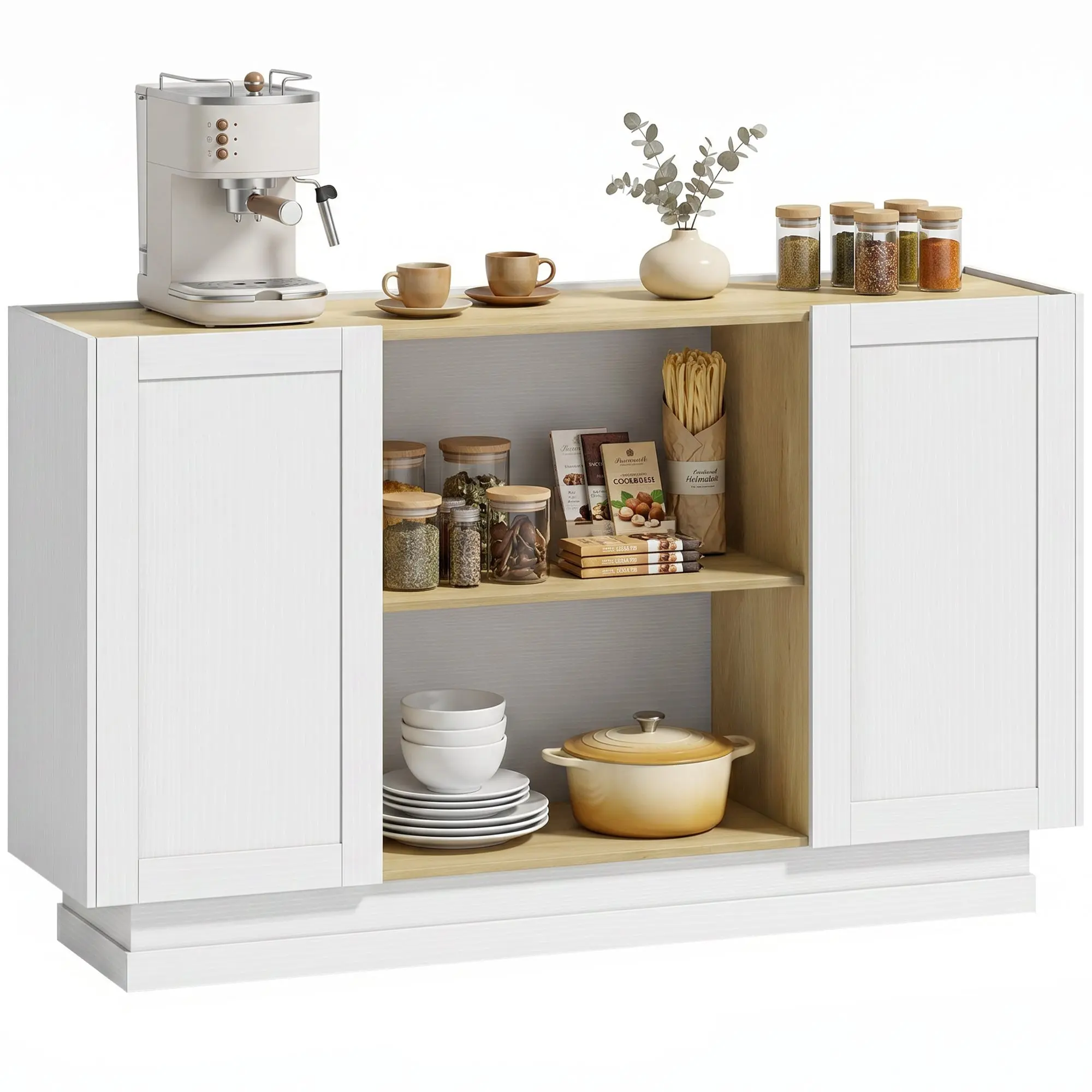 Rustic Sideboard Buffet, 2 Doors & 2 Open Shelves, 52.4 x 13.8 x 31.4 in, Natural Wood & White