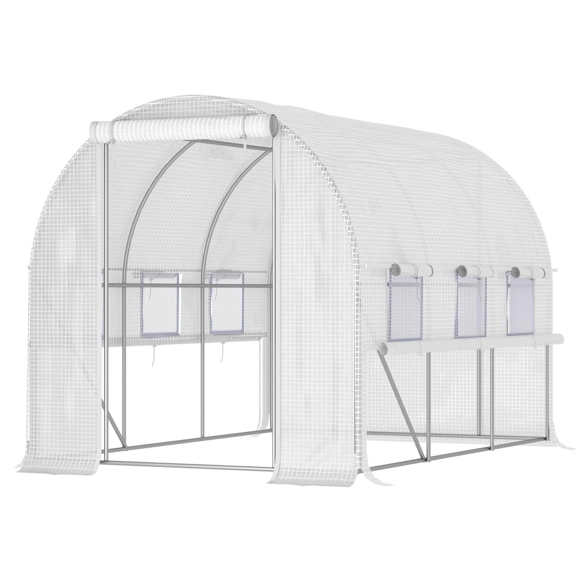 Garden Tunnel Greenhouse, 6m? tunnel greenhouse with 6 roll-up windows and 1 door, PE cover galvanized steel structure, white
