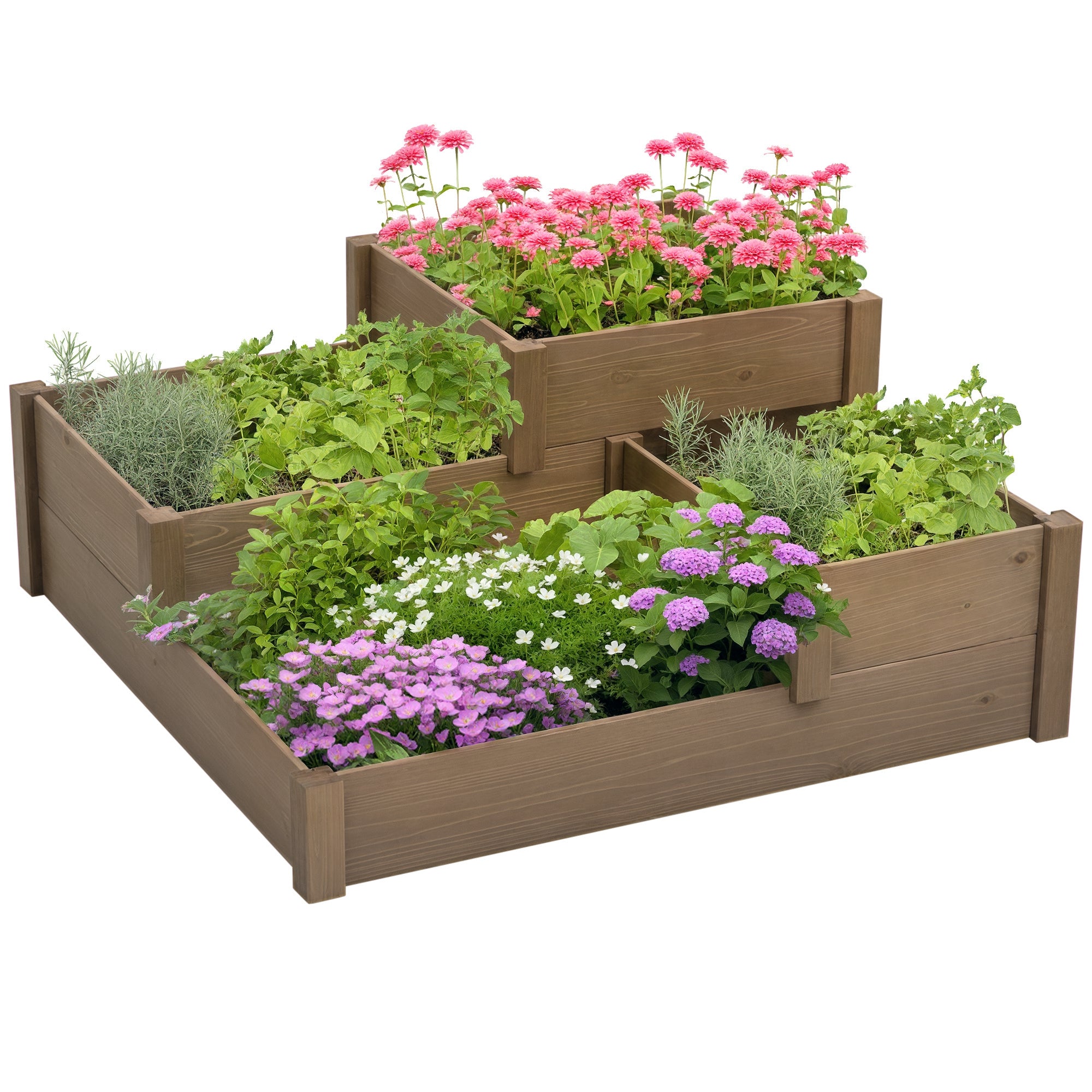 3 Tier Raised Garden Bed Wooden Planter Box for Vegetables Herbs Flowers, Outdoor Elevated Planter with Open Bottom, Fir Wood Grow Box for Patio Balcony 122 x 122 x 51 cm