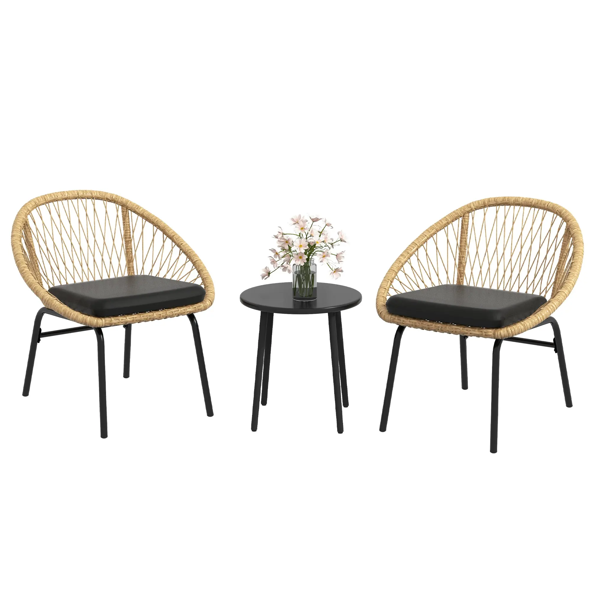 3-piece Rattan Garden Furniture Set, Balcony Furniture Set with Coffee Table, 2 Chairs, Seating Set with Cushions, Garden Seating Group for Balcony, Patio, Polyester, Yellow