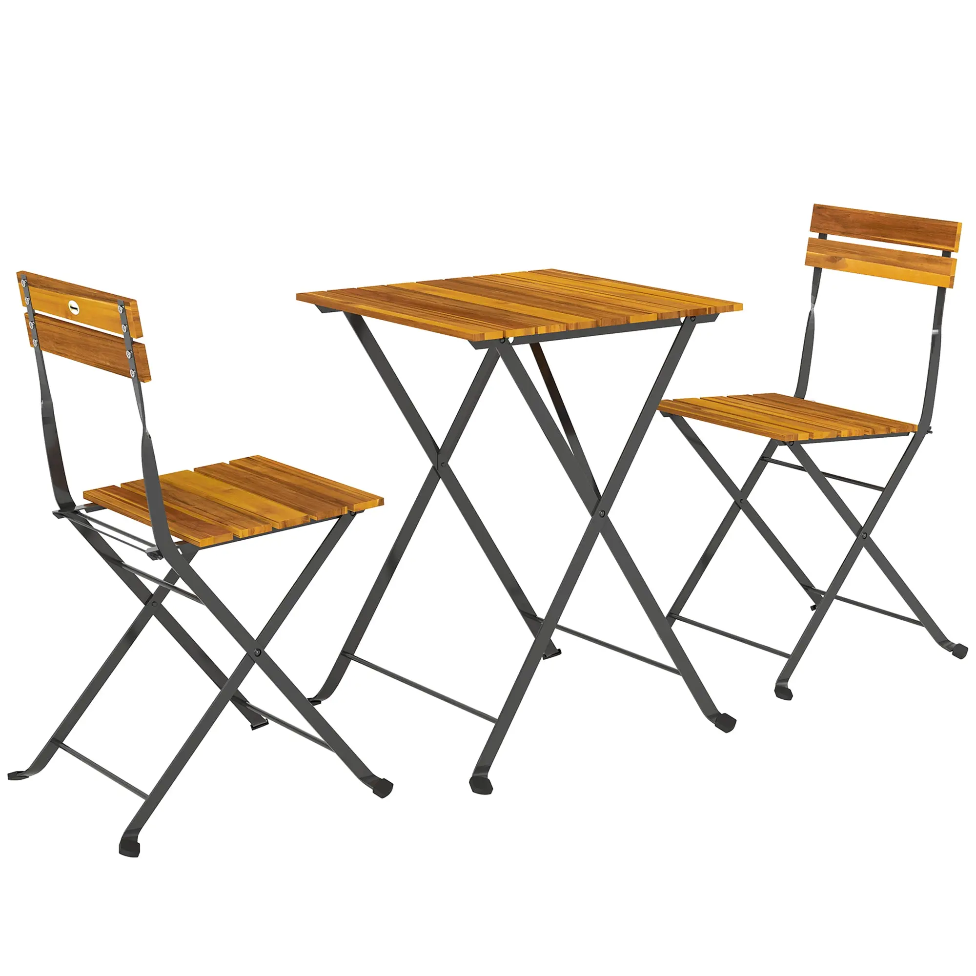 3-Piece Teak Bistro Set for 2 – Folding Table + 2 Folding Chairs, Steel-Frame Patio/Balcony Dining Set