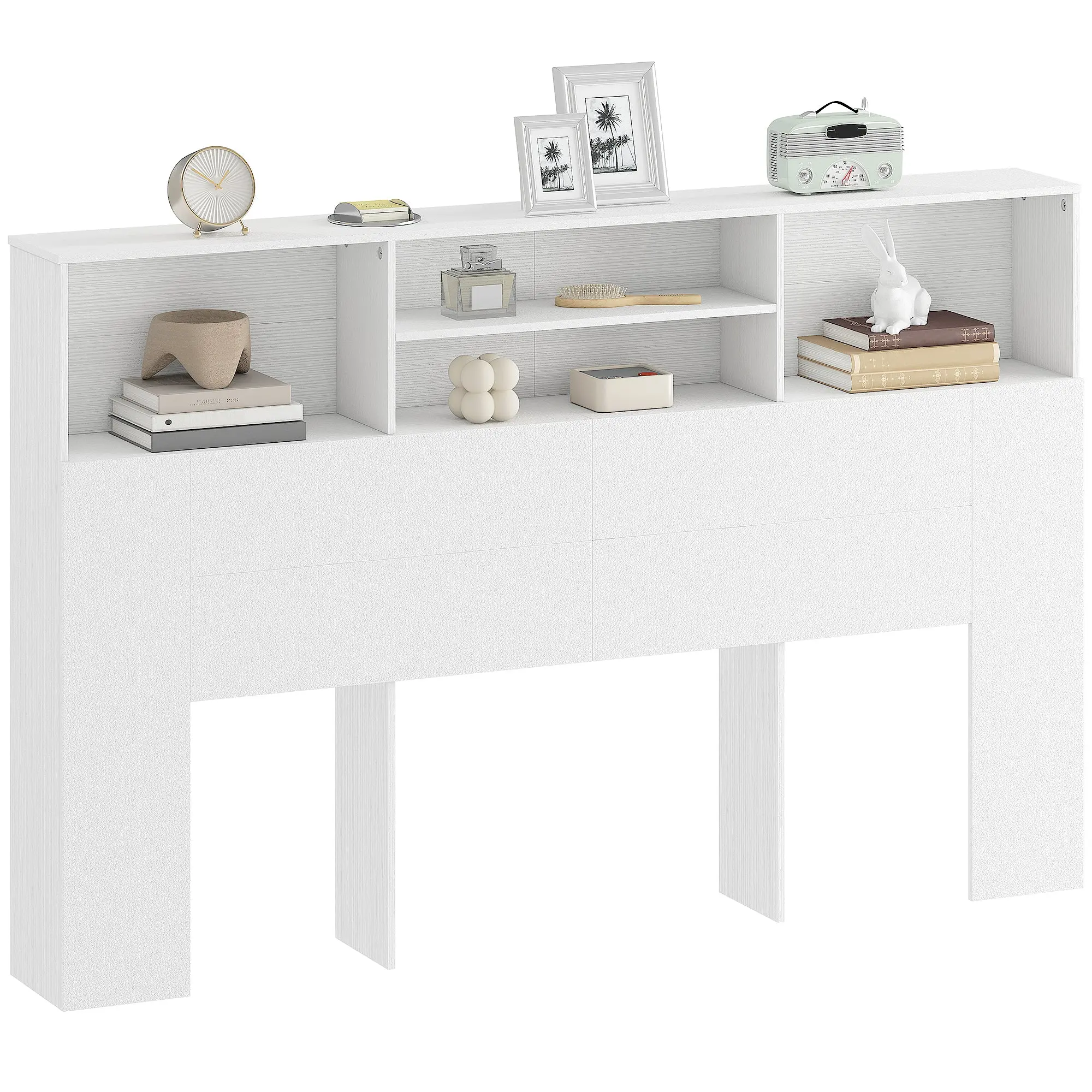 63 in Floor-Standing Headboard with Storage — Modern Bed Accessory with 4 Open Compartments, White (160 x 20.2 x 108.2 cm / 63 x 8 x 42.6 in)