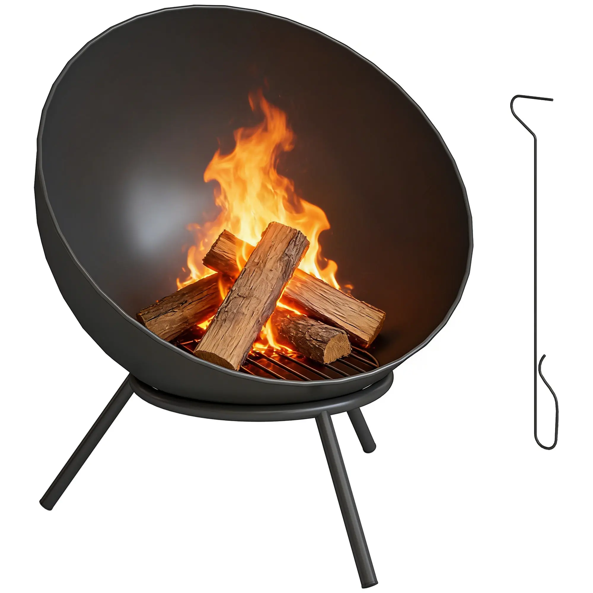 Fire Bowl 23.6 x 20.9 x 26.0 in (60 x 53 x 66 cm) Adjustable Fire Pit with Poker, Charcoal Grate & Stand – Garden, Balcony, Patio, Outdoor BBQ & Camping – Black