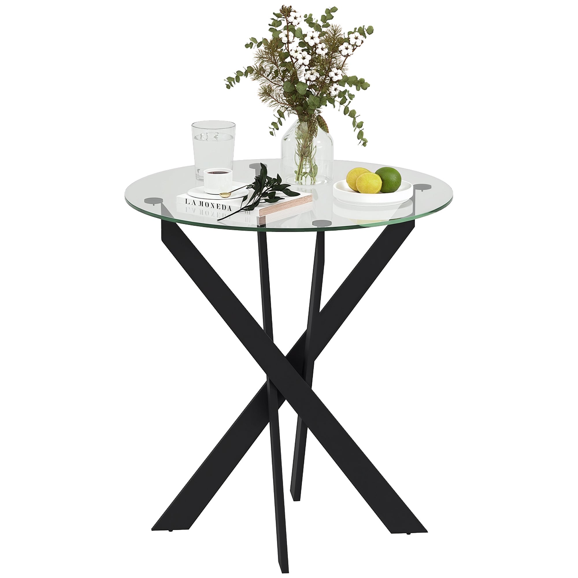 Dining Table, Round Kitchen Table for 4 People, Glass Dining Table with Steel Legs, Tempered Glass Tabletop, for Dining Room, Kitchen, ?70 x 75 cm, Modern Design, Black+Transparent