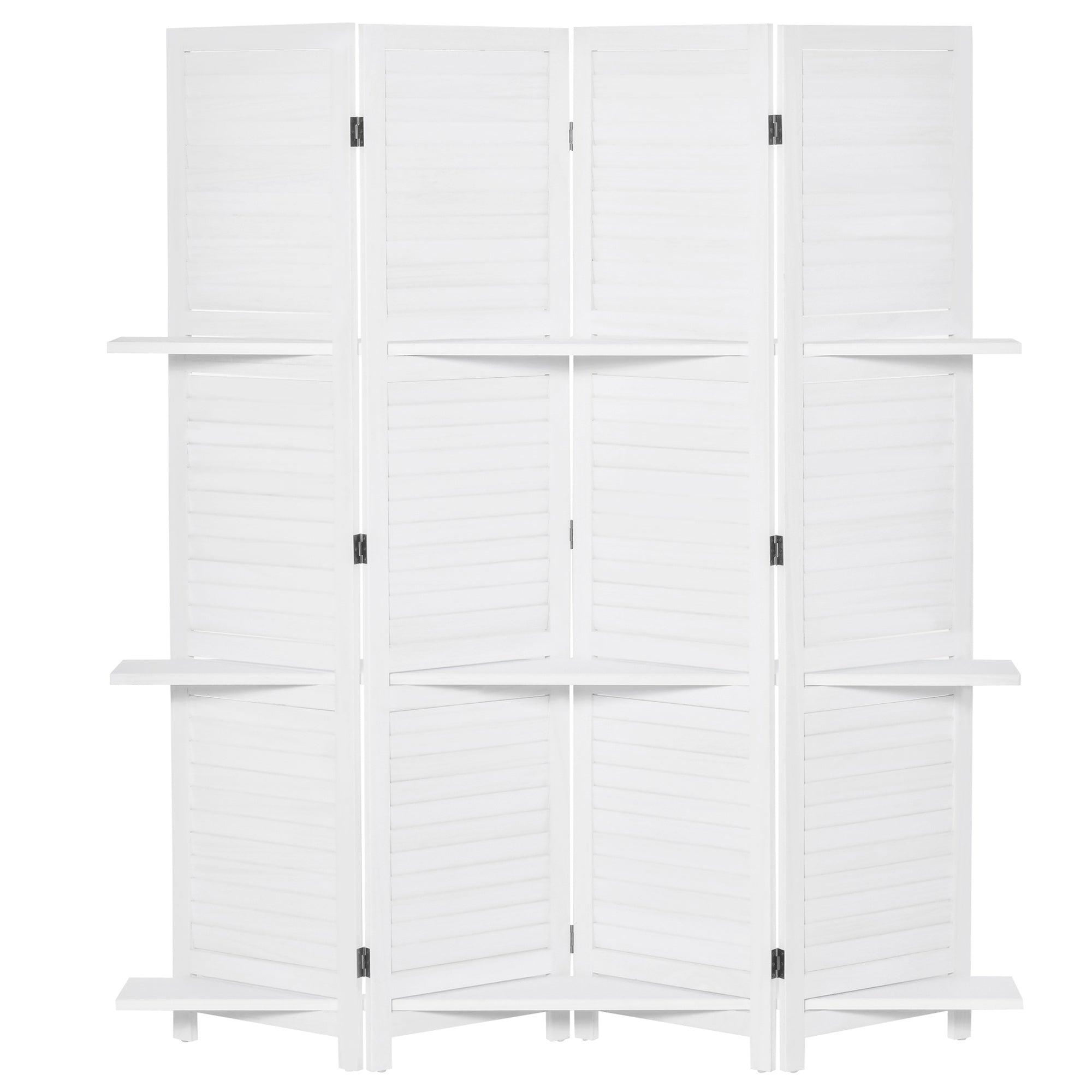 HOMCOM 4-paneler Trærumdeler Foldbar Partion med 3 Aftagelige Hylder Lamel Design til Soveværelse Kontor 160x170 cm Hvid