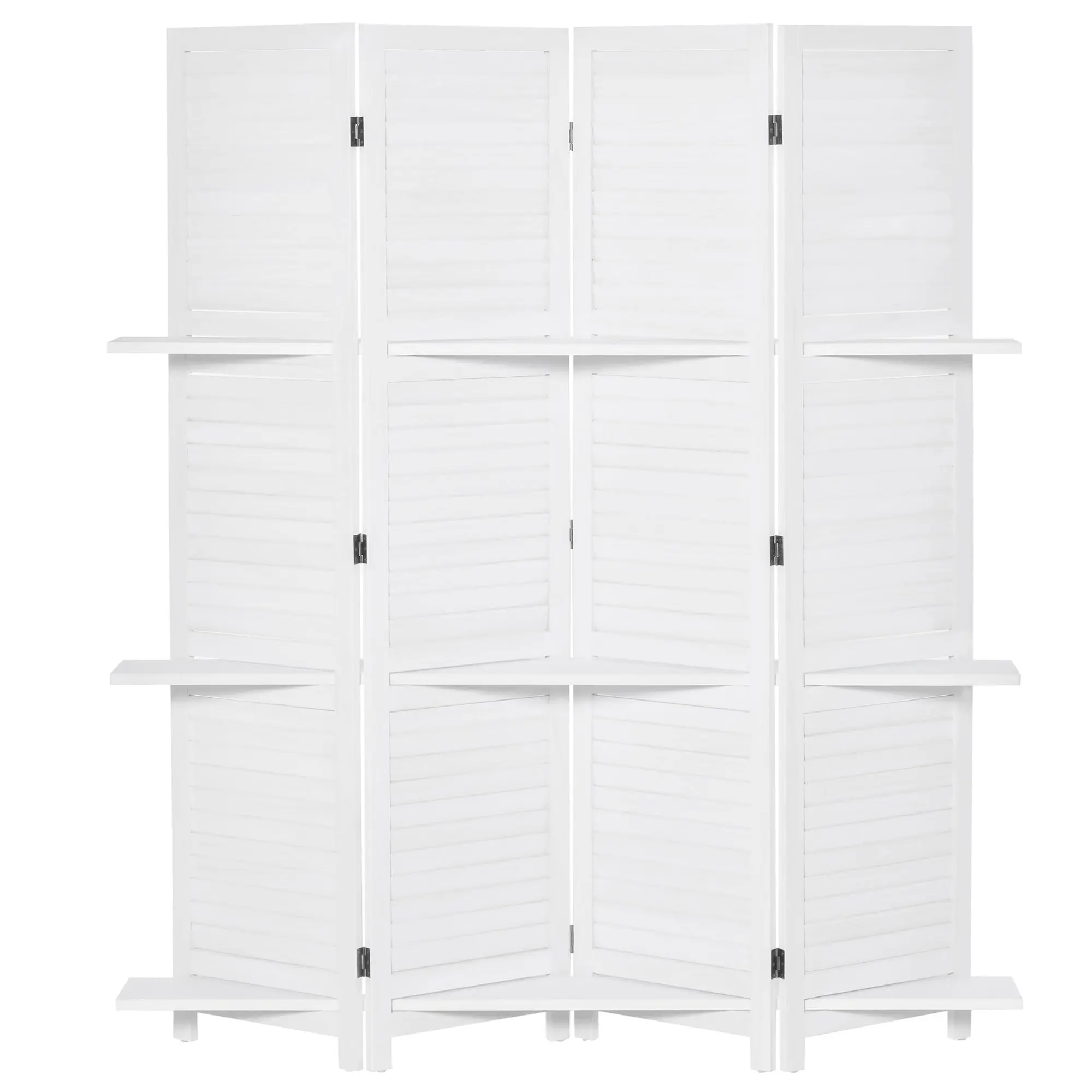 4-Panel Wood Room Divider Folding Partition with 3 Removable Shelves Shutter Design for Bedroom Office 63x67 inches White